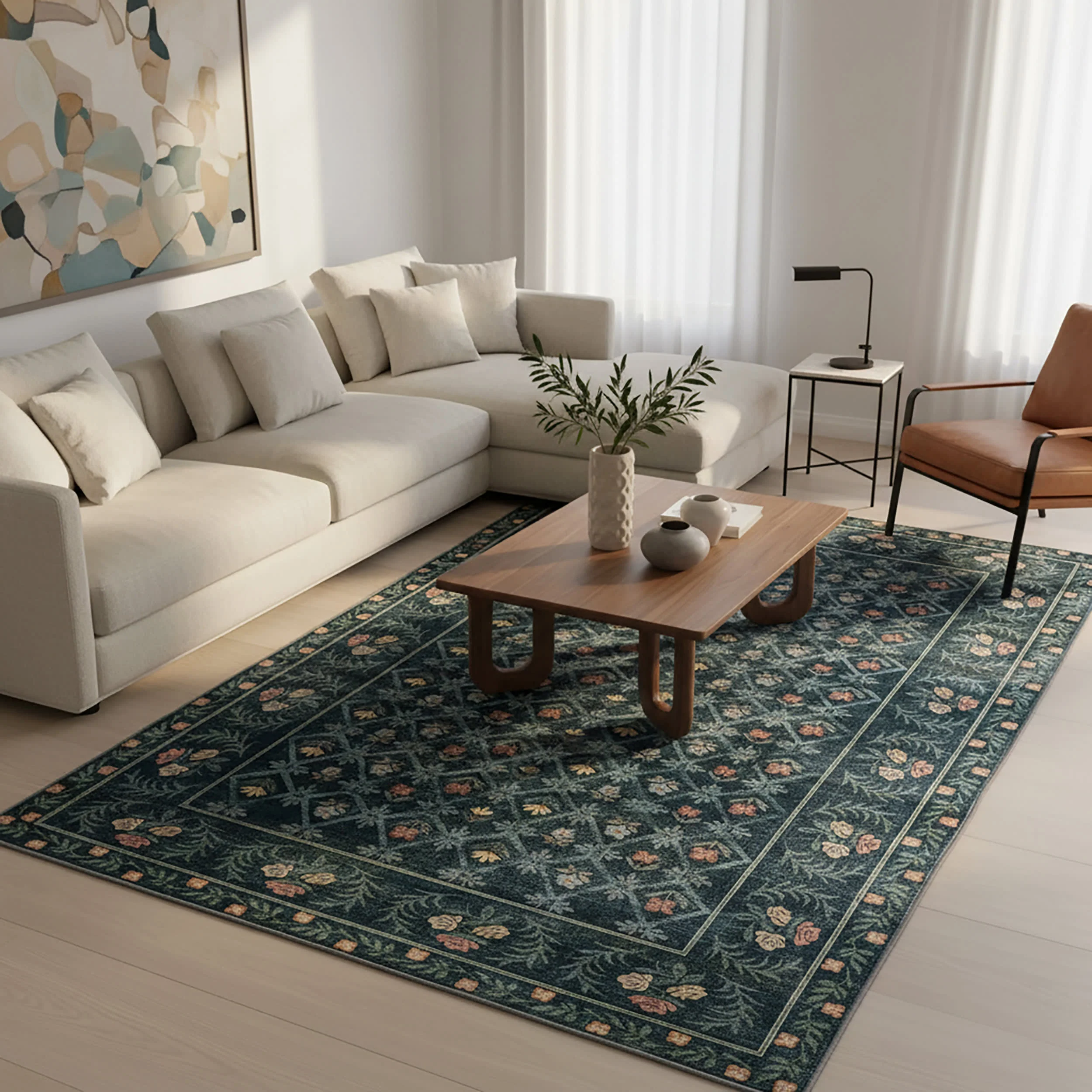 Meadow Floral Washable Rug | Teal - Image 2