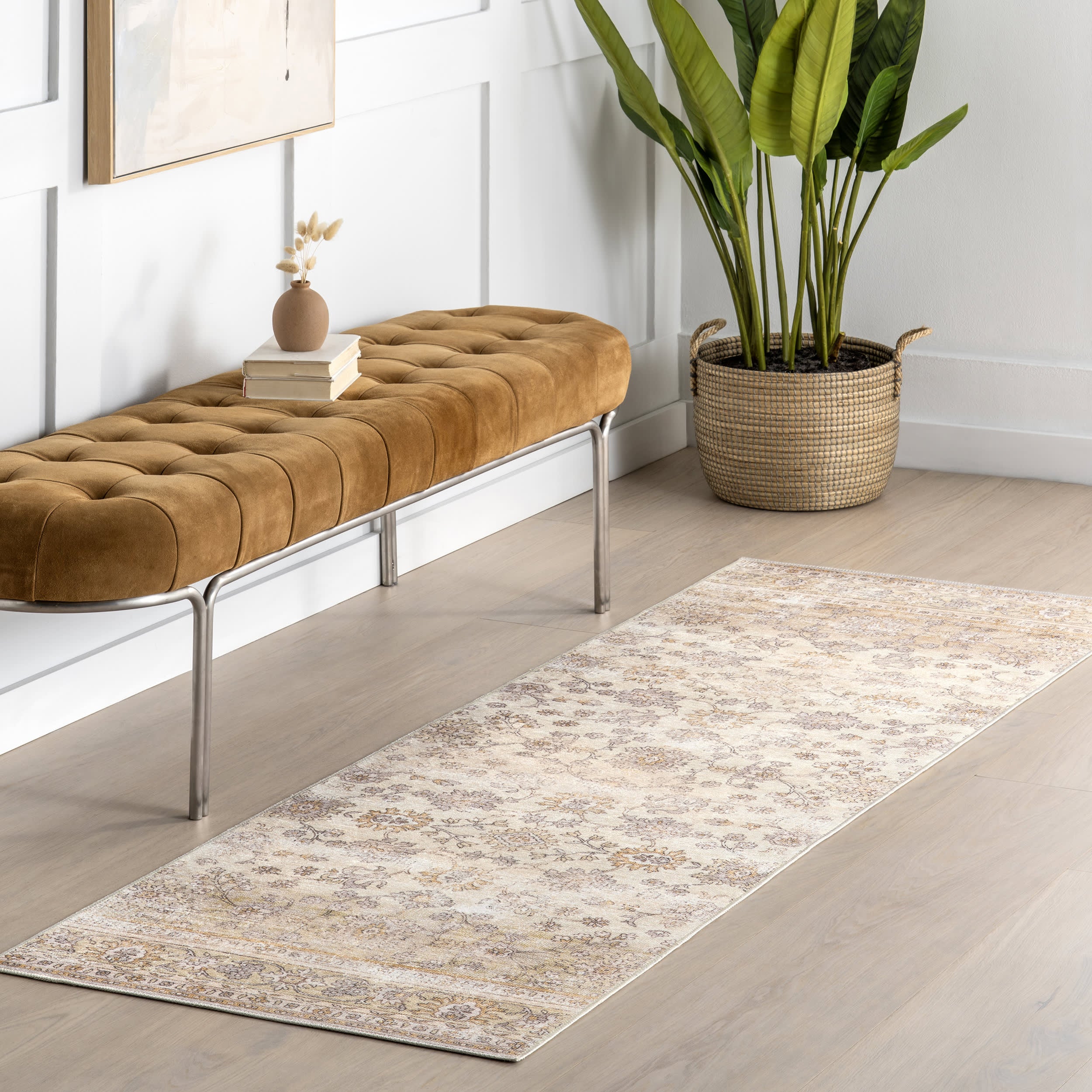 Meena Fading Garden Spill Proof Washable Rug | Beige - Image 2