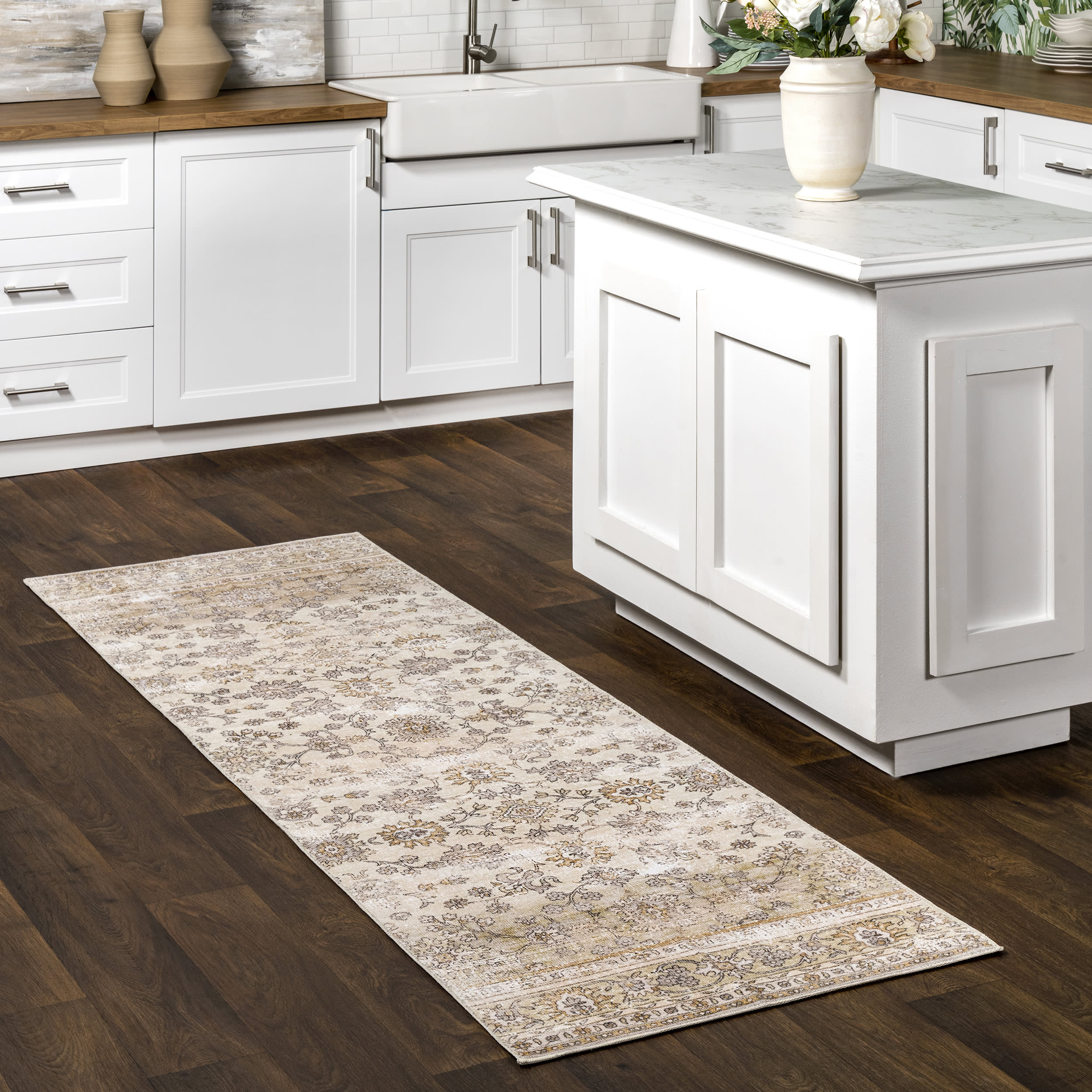 Meena Fading Garden Washable Rug | Beige - Image 2
