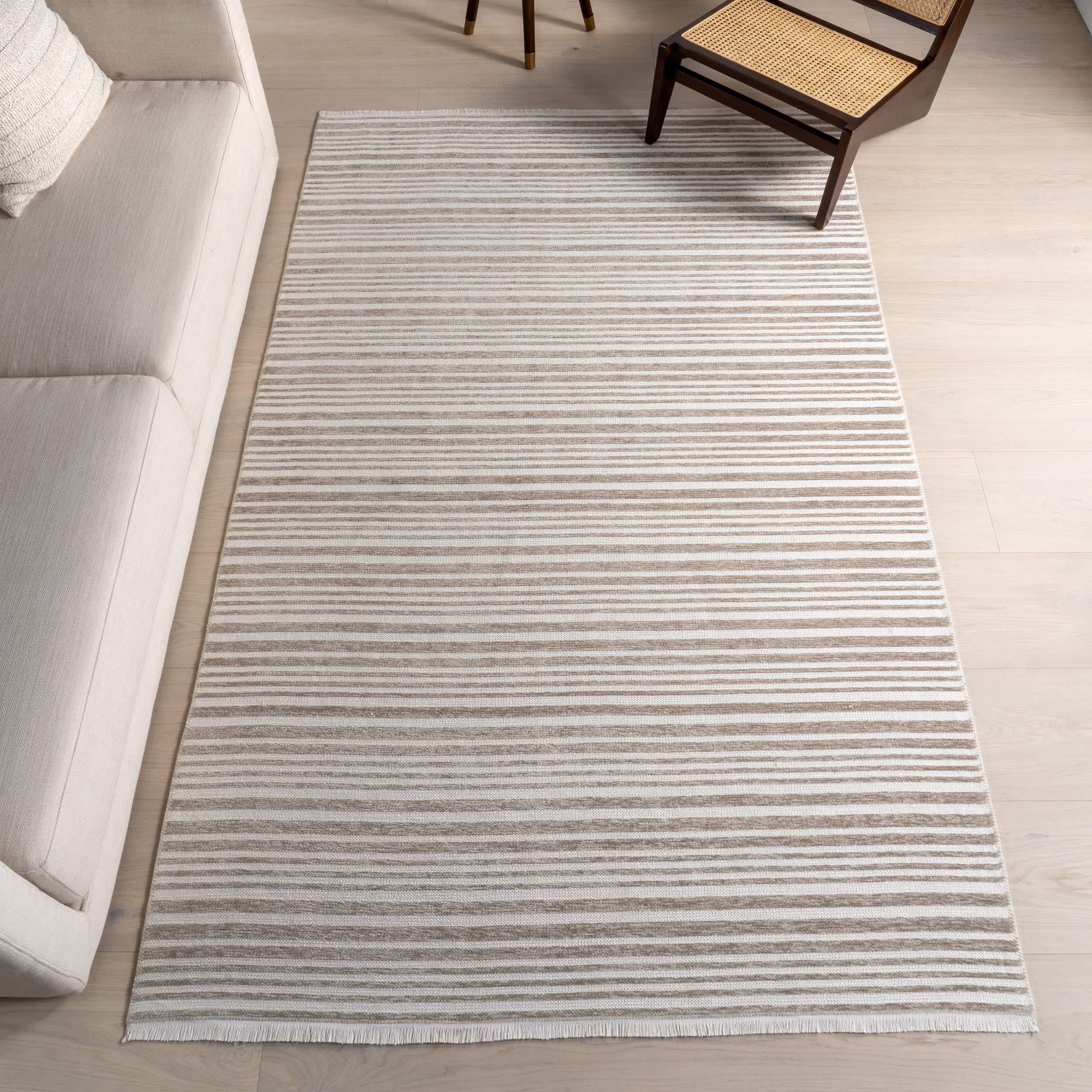 Melany Striped Reversible Washable Rug | Taupe - Image 10