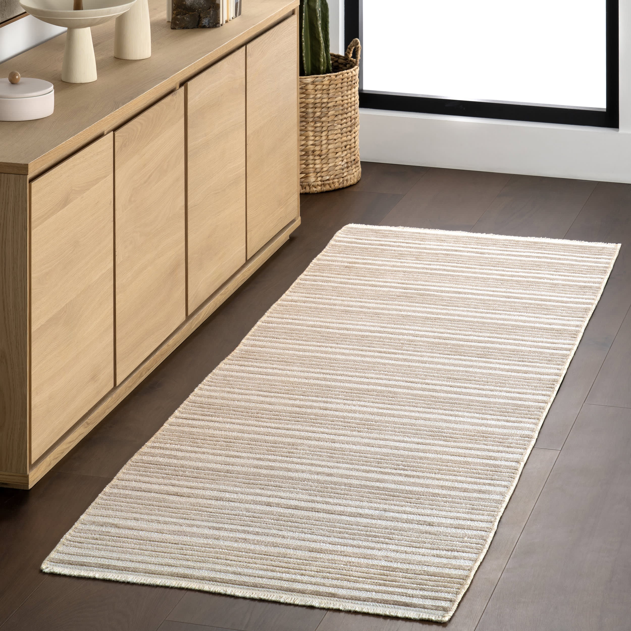 Melany Striped Reversible Washable Rug | Taupe - Image 2