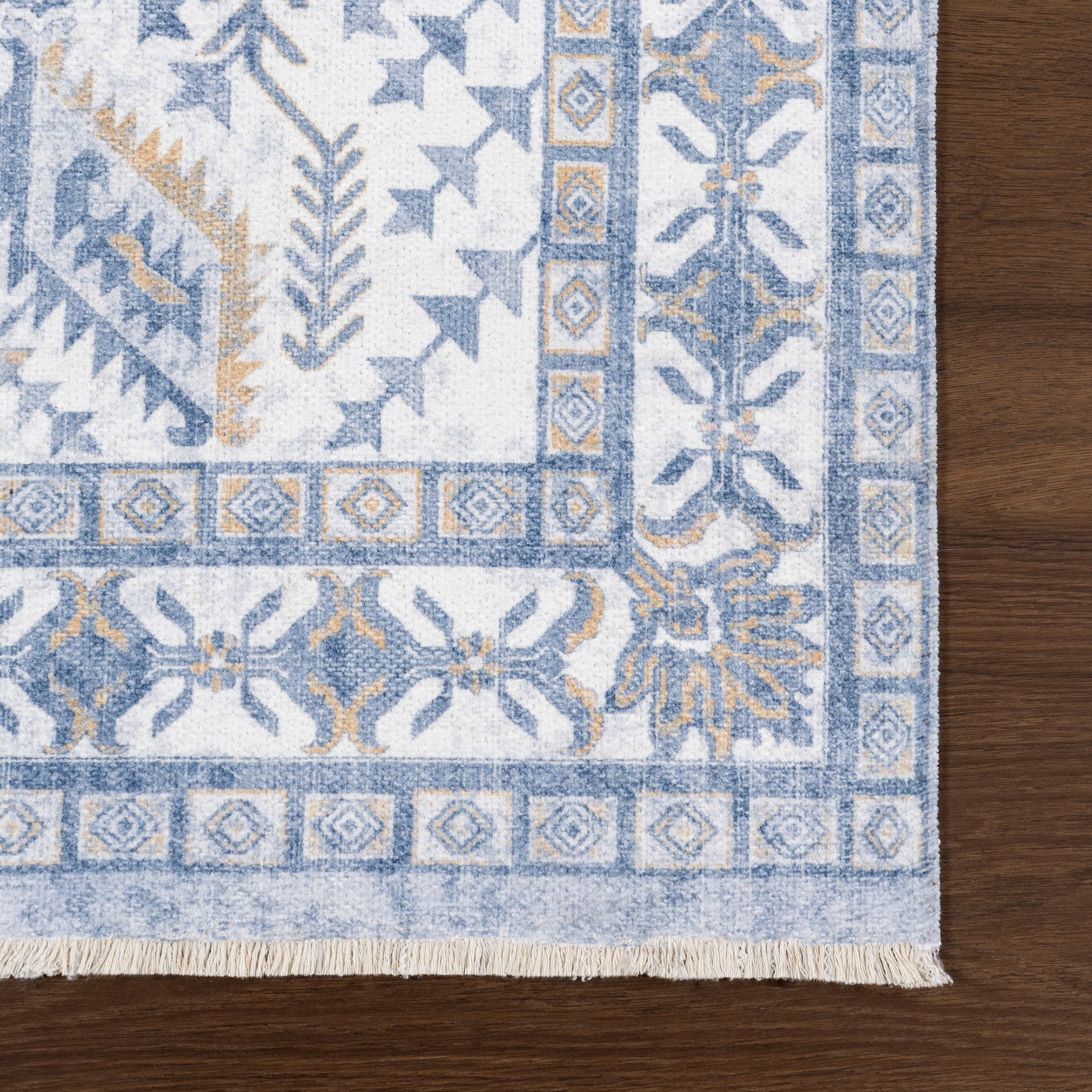 Mildred Fringed Vintage Medallion Washable Rug | Light Blue - Image 4
