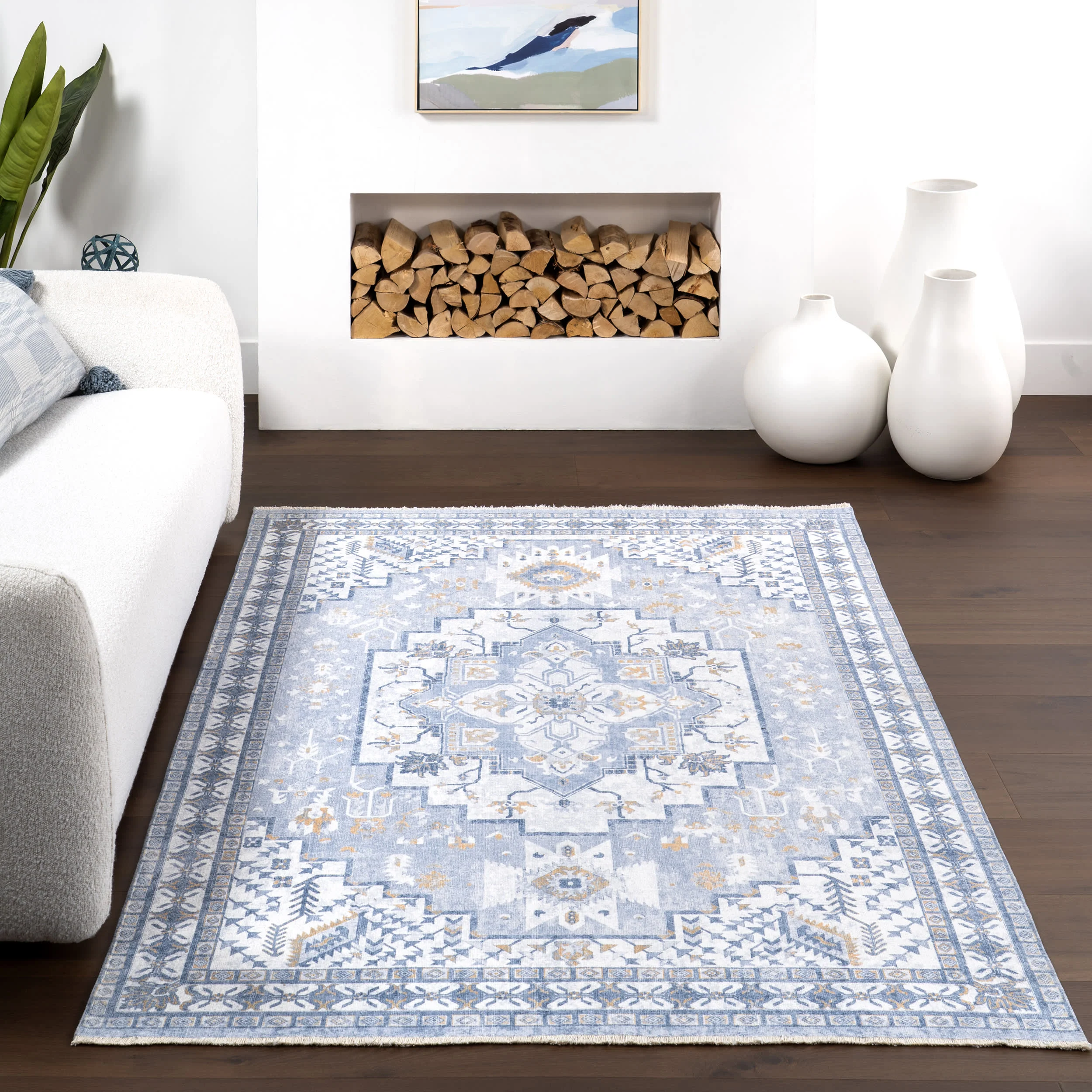 Mildred Fringed Vintage Medallion Washable Rug | Light Blue - Image 5