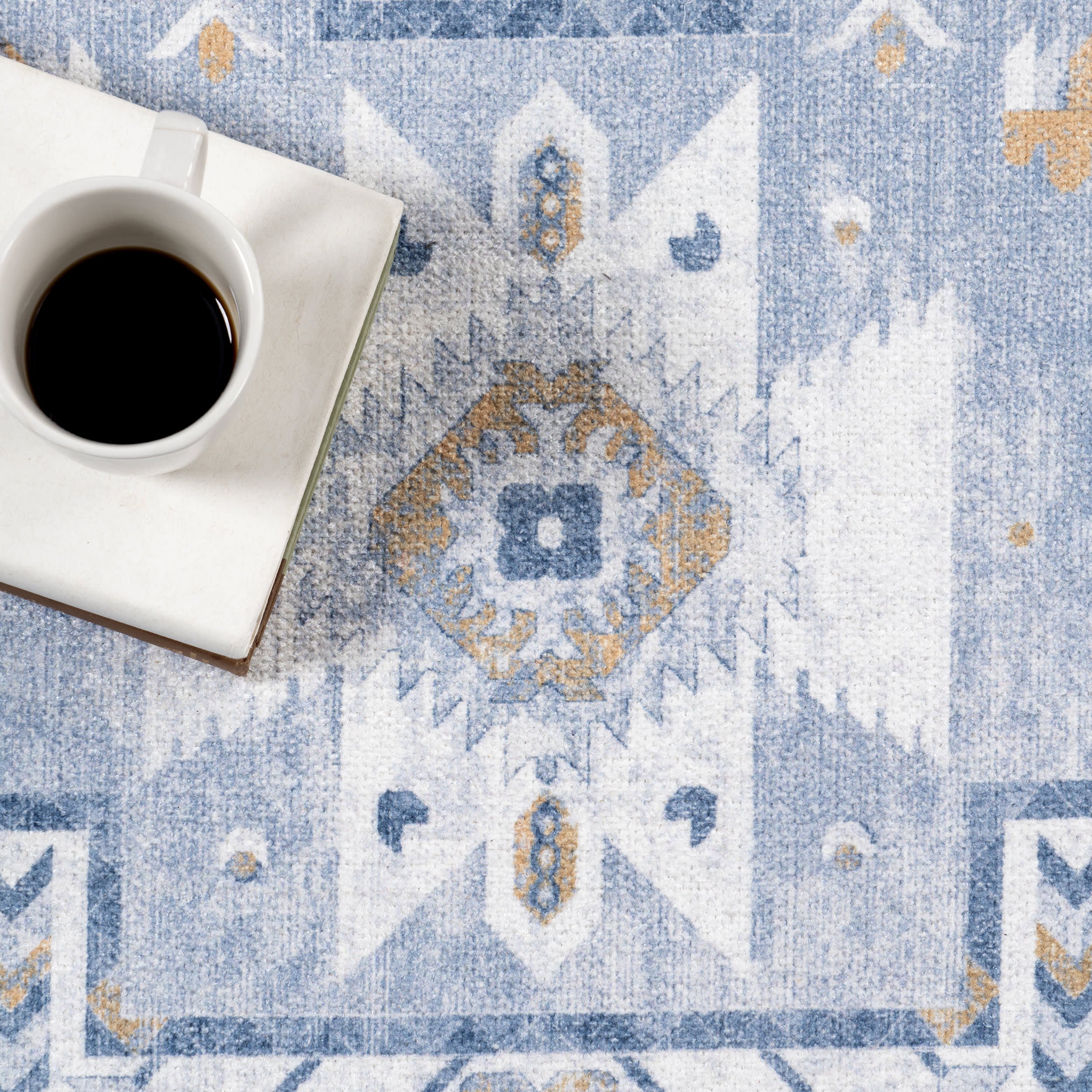 Mildred Fringed Vintage Medallion Washable Rug | Light Blue - Image 8