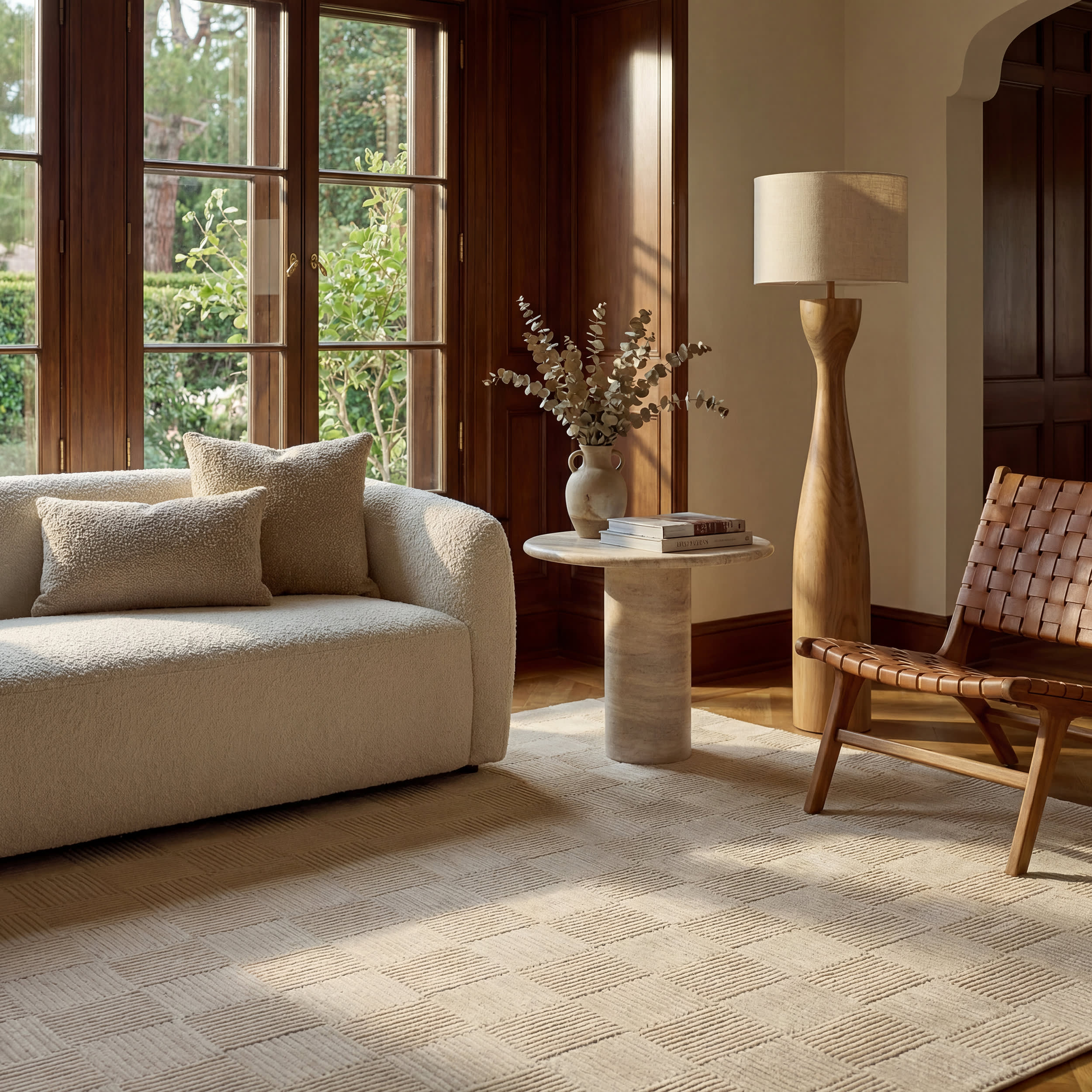 Minra Ribbed Checkered Plush Textured Washable Rug | Cream - Image 9