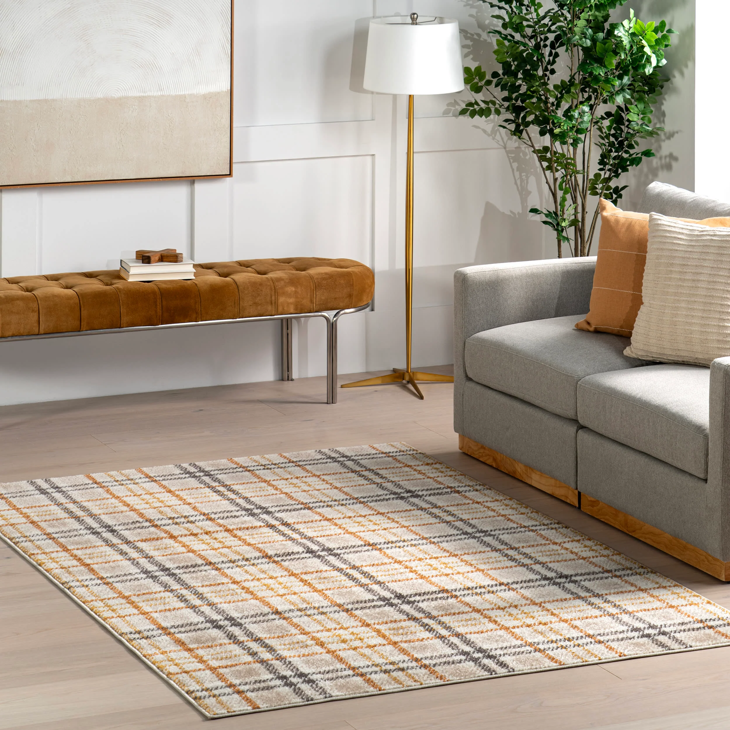 Mirielle Plaid Rug | Orange And Grey - Image 2