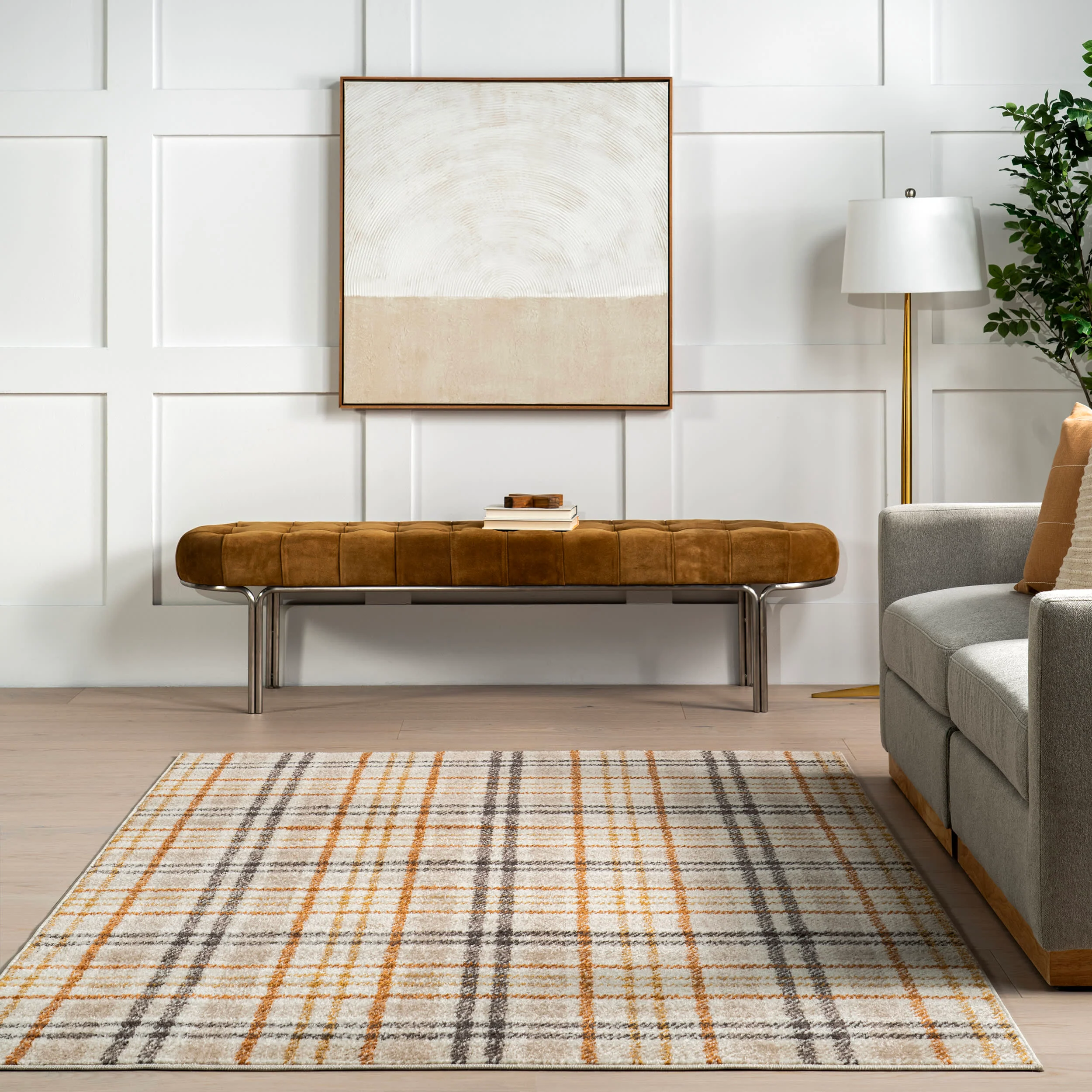 Mirielle Plaid Rug | Orange And Grey - Image 4