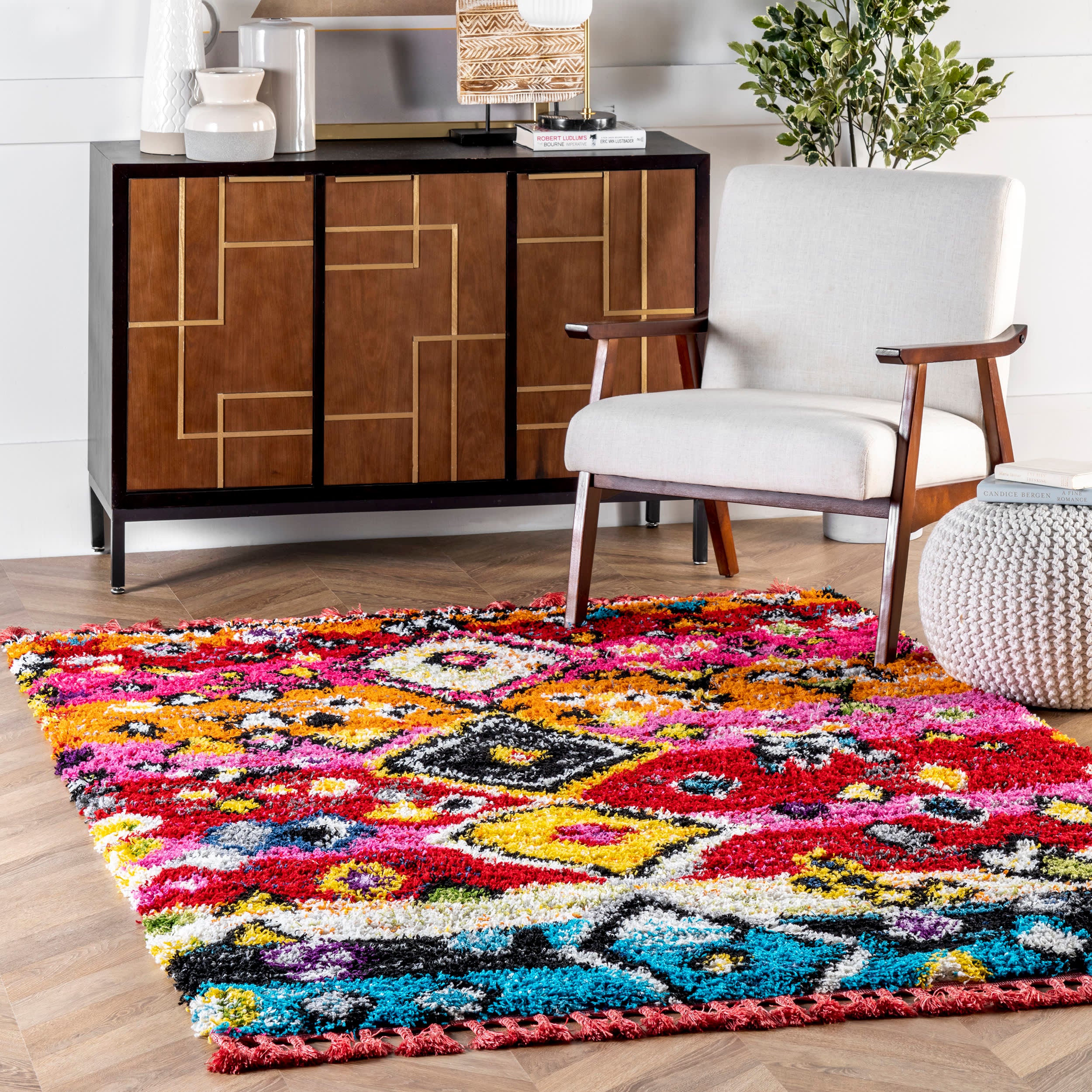 Modern Moroccan Shag Tassel Rug | Multicolor - Image 2