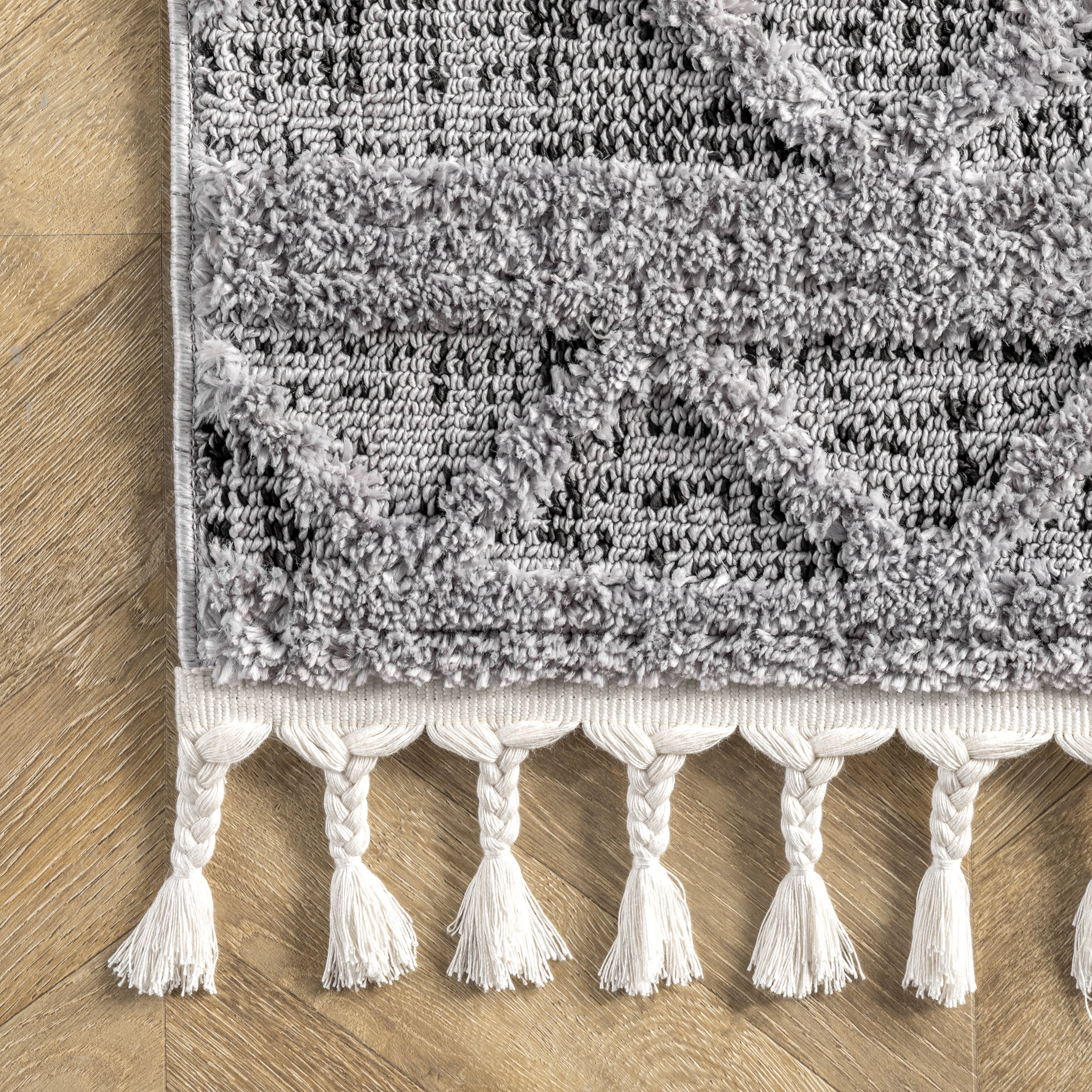 Modern Raised Lattice Tasseled Rug | Grey - Image 3