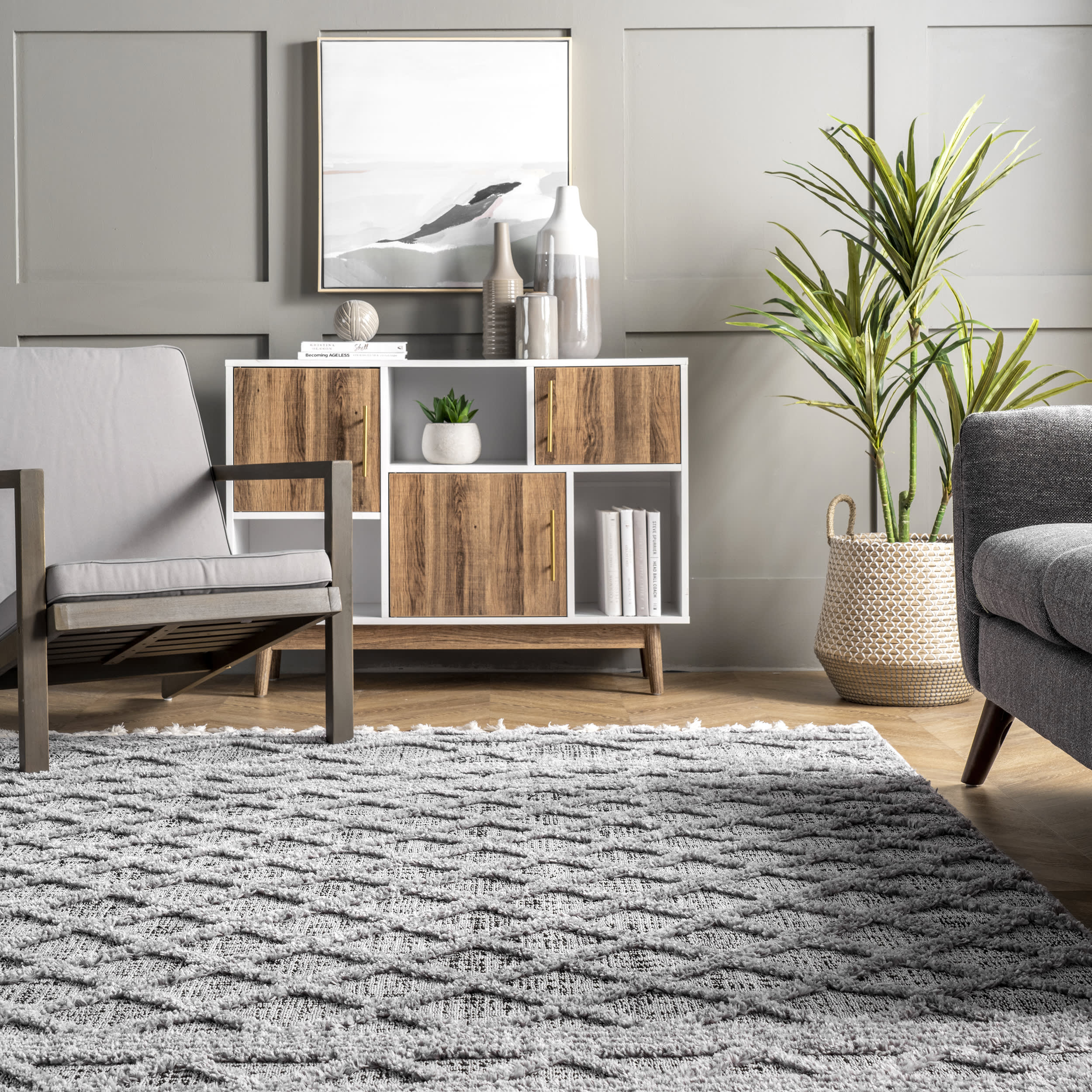 Modern Raised Lattice Tasseled Rug | Grey - Image 4