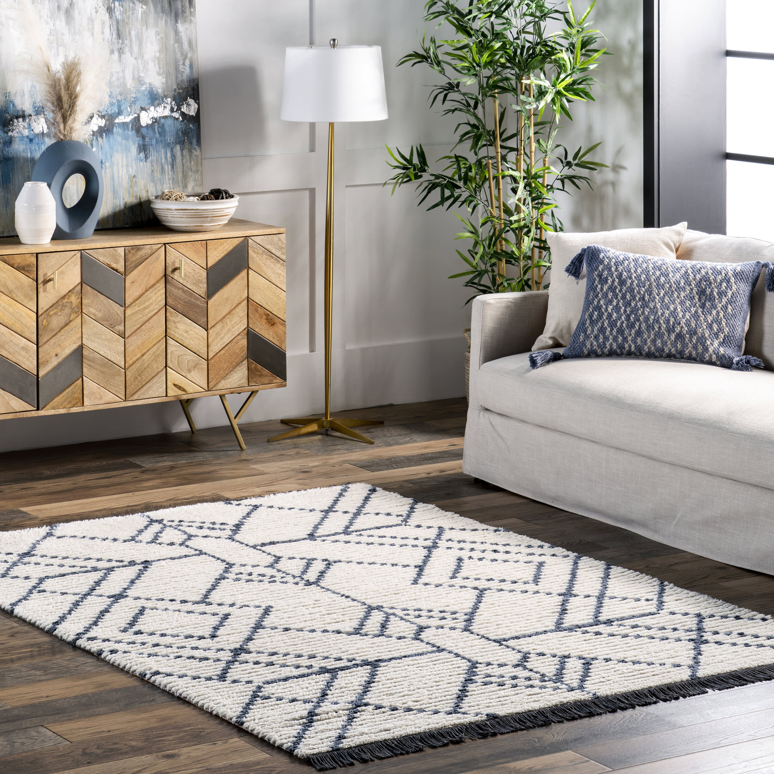 Modern Tracery Tasseled Rug | Blue - Image 2