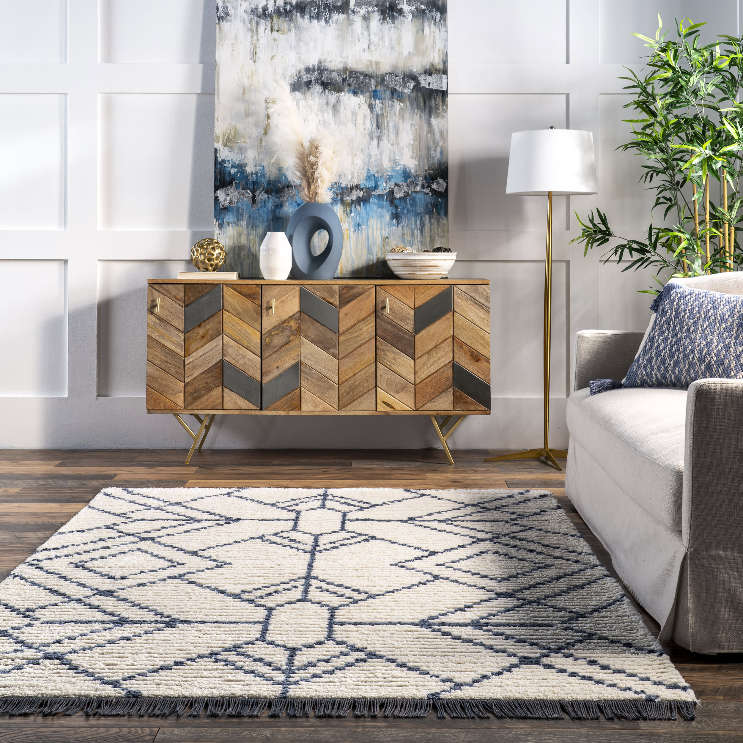 Modern Tracery Tasseled Rug | Blue - Image 4