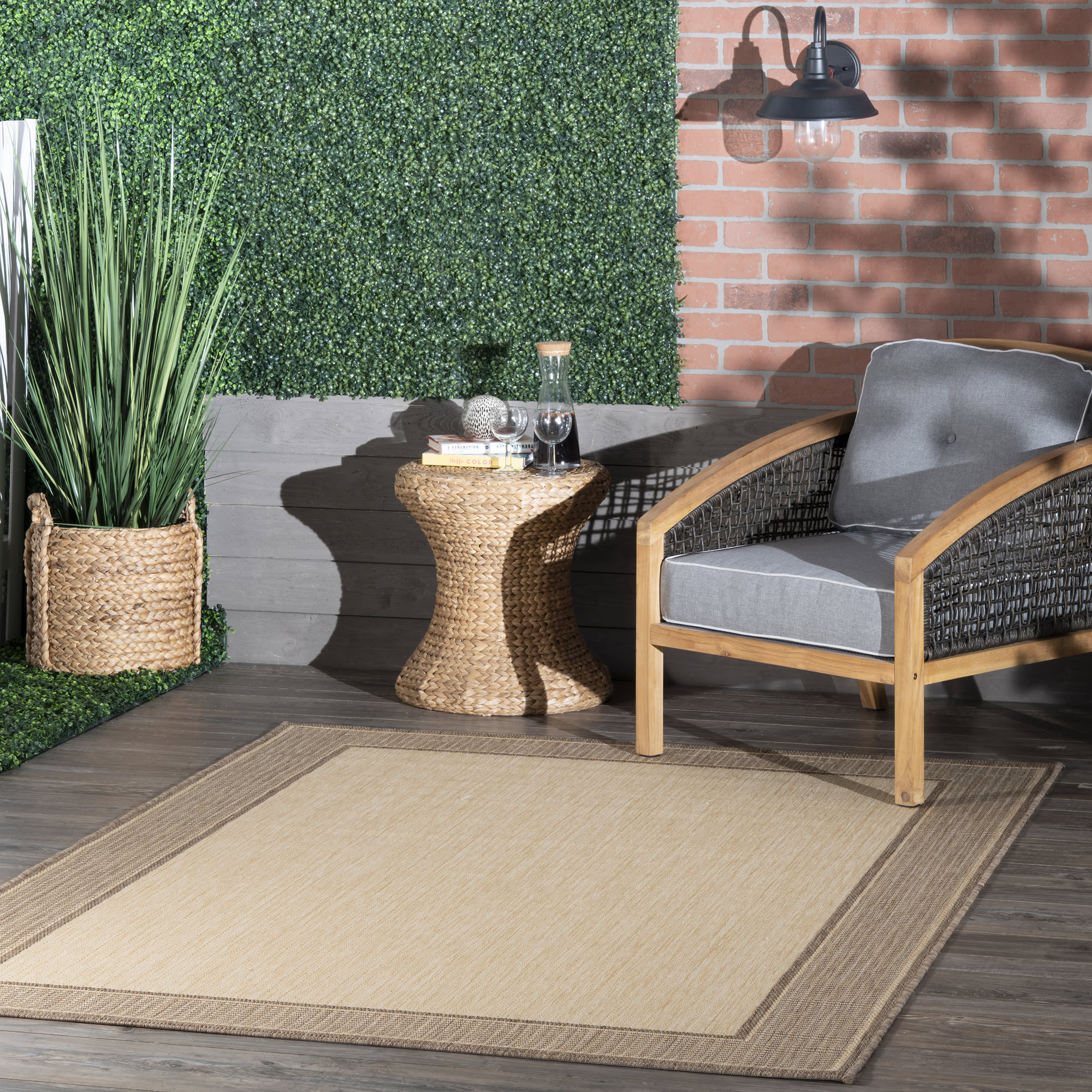 Monochrome Bordered Indoor/Outdoor Rug | Beige - Image 2