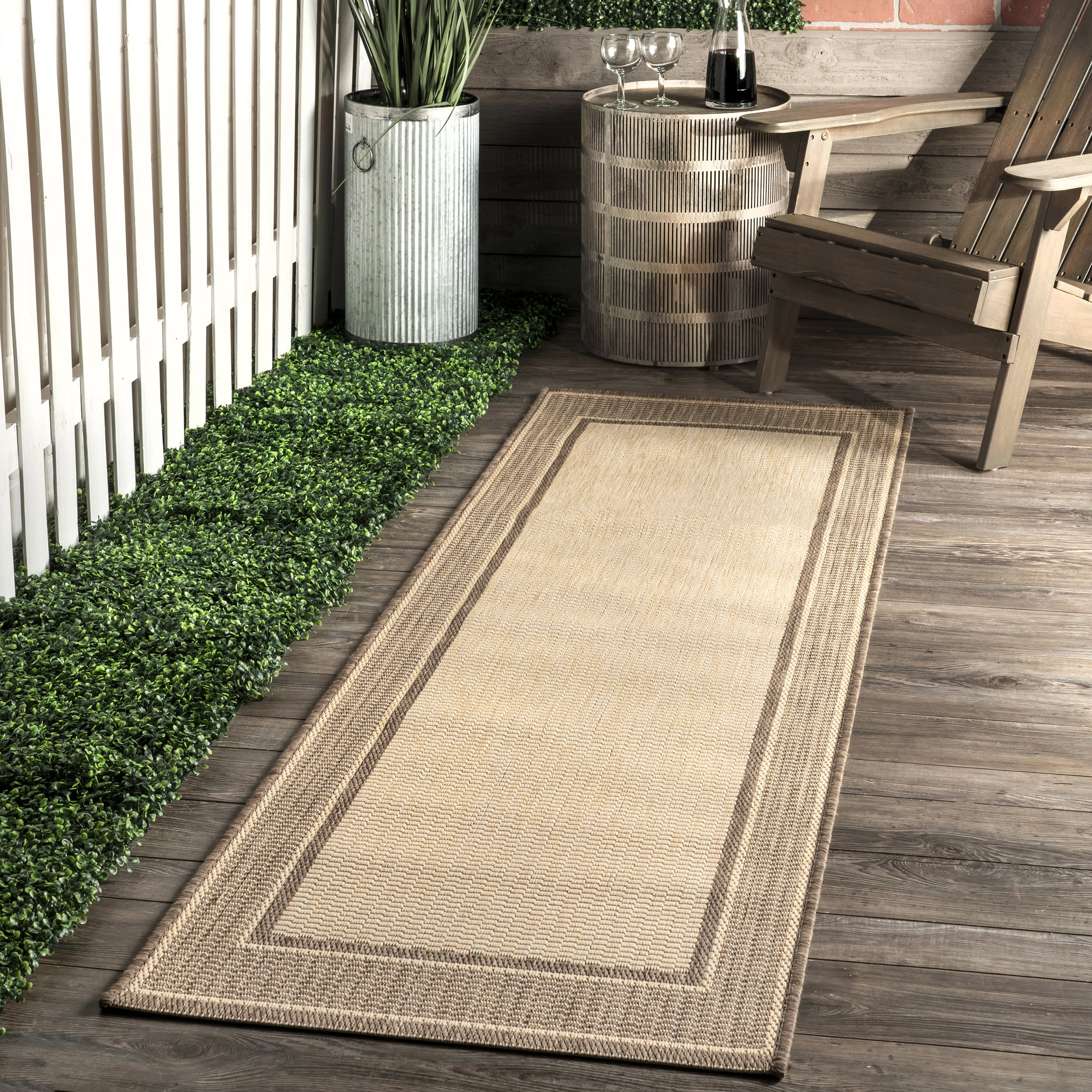 Monochrome Bordered Indoor/Outdoor Rug | Beige - Image 2