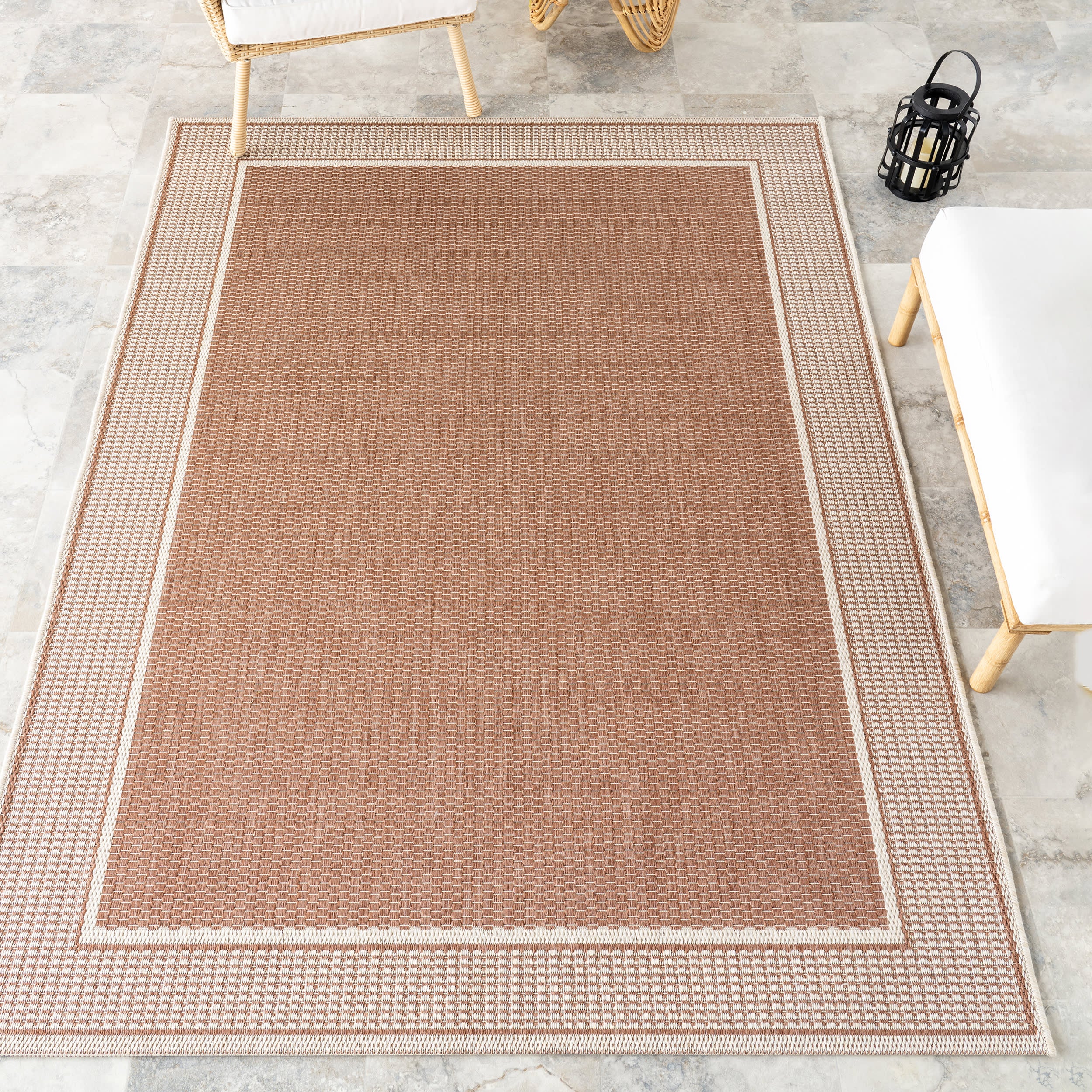 Monochrome Bordered Indoor/Outdoor Rug | Brown - Image 2
