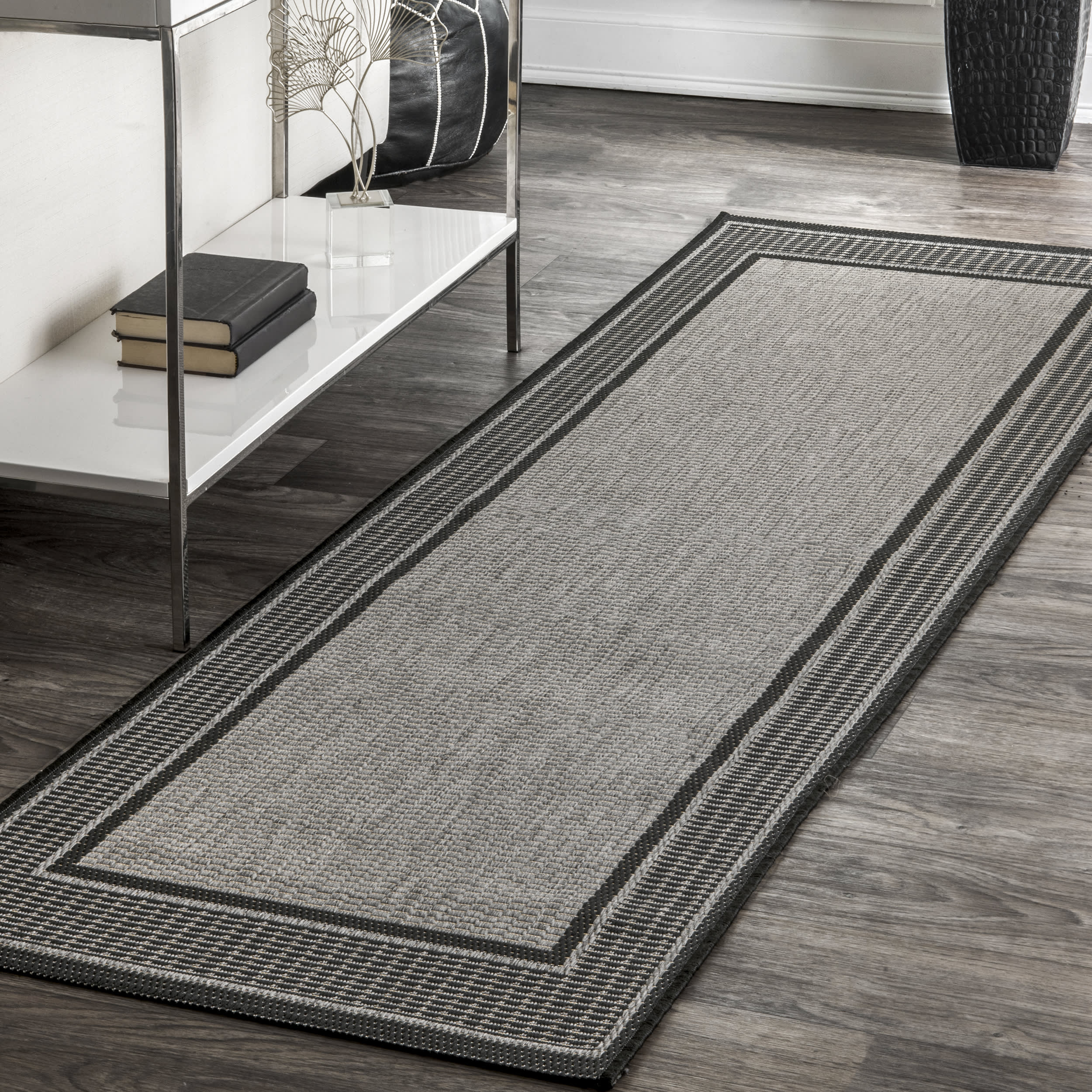 Monochrome Bordered Indoor/Outdoor Rug | Grey - Image 2