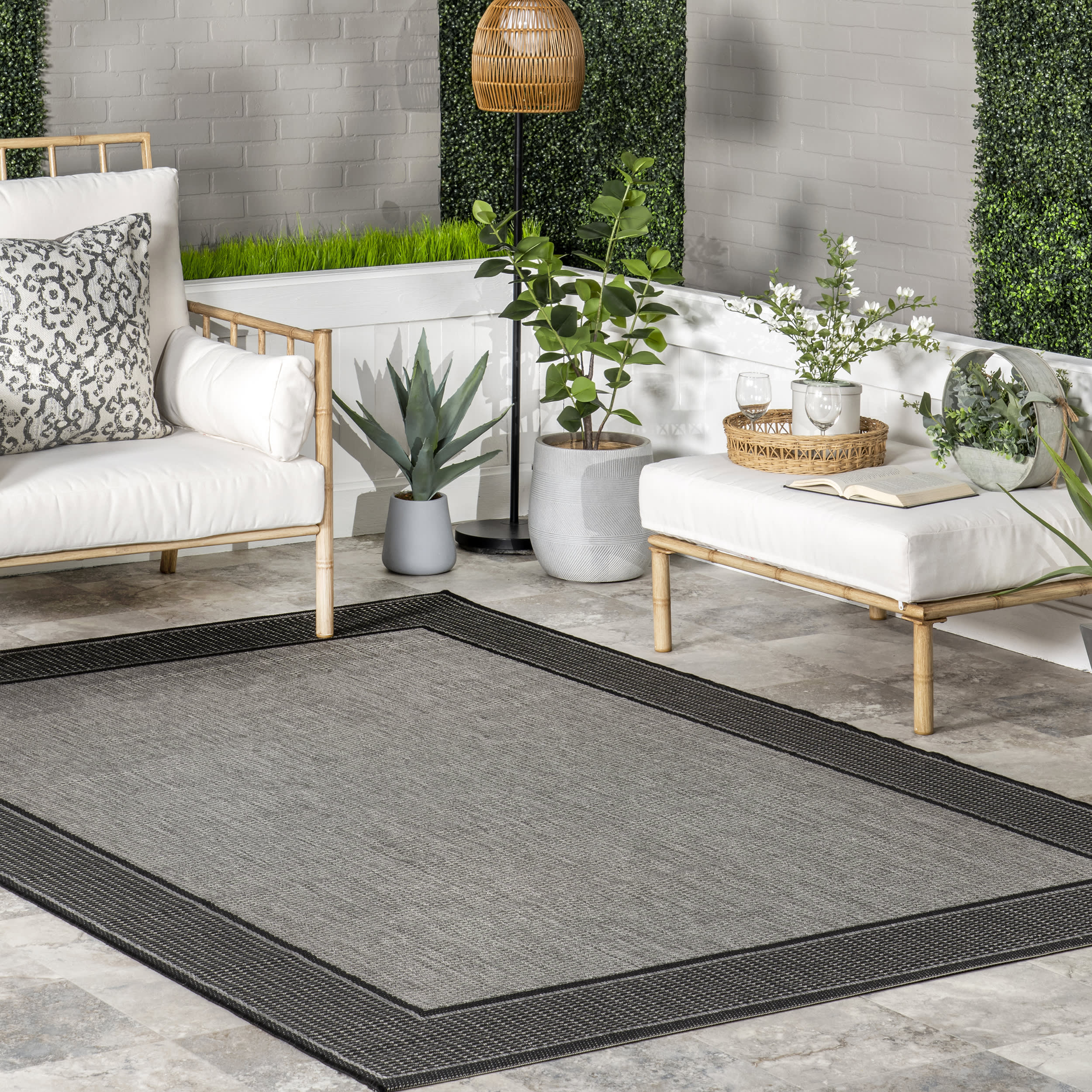 Monochrome Bordered Indoor/Outdoor Rug | Grey - Image 2