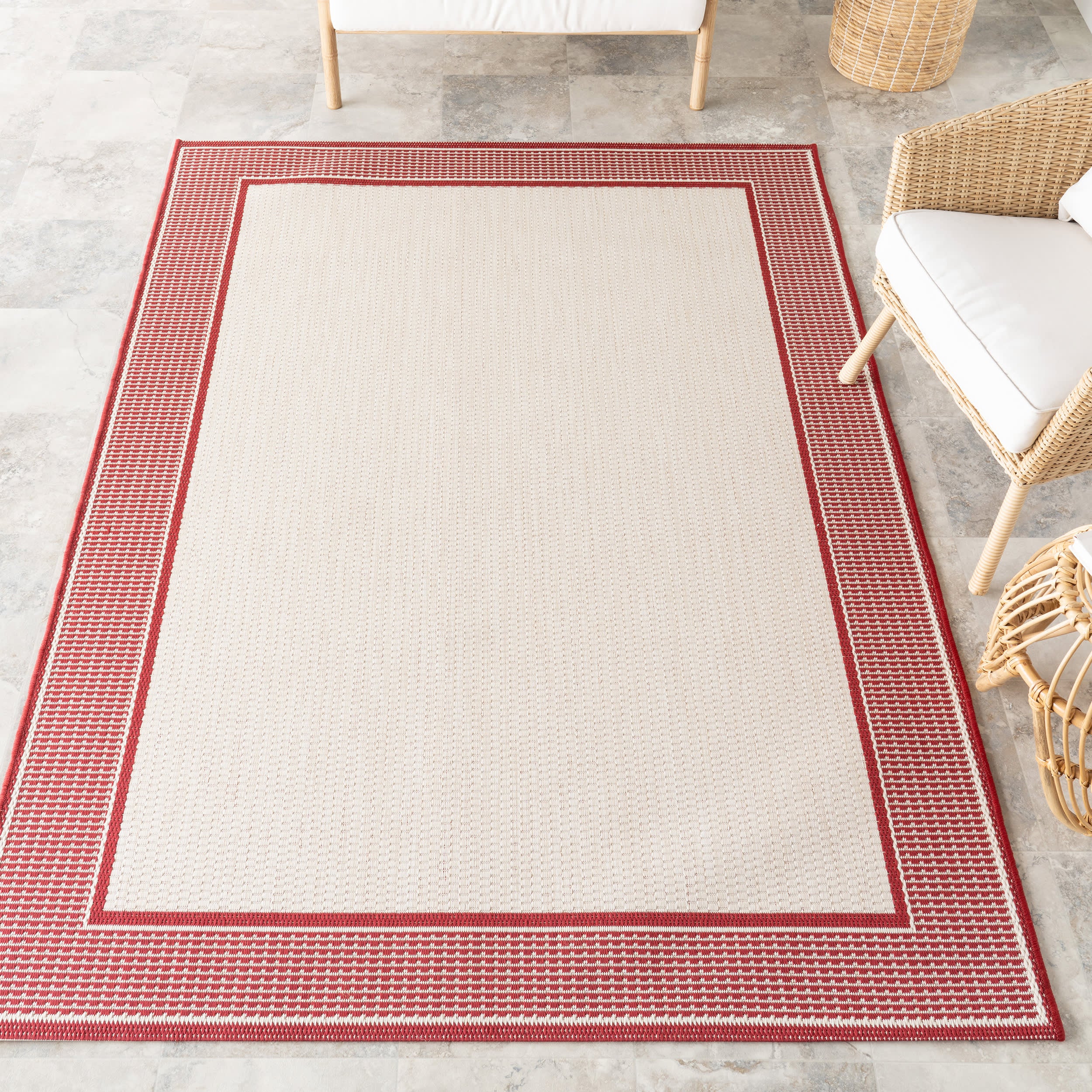 Monochrome Bordered Indoor/Outdoor Rug | Ivory - Image 2