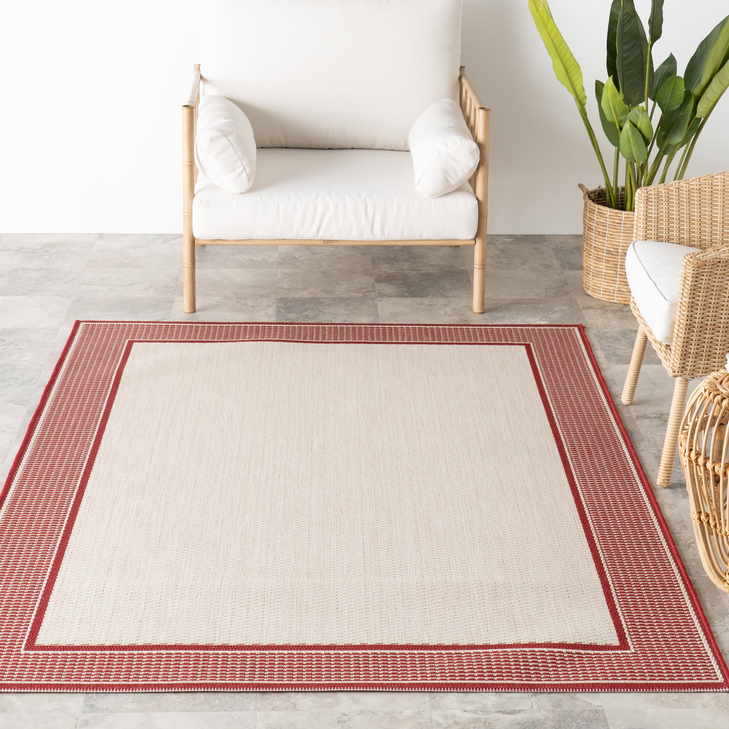 Monochrome Bordered Indoor/Outdoor Rug | Ivory - Image 5