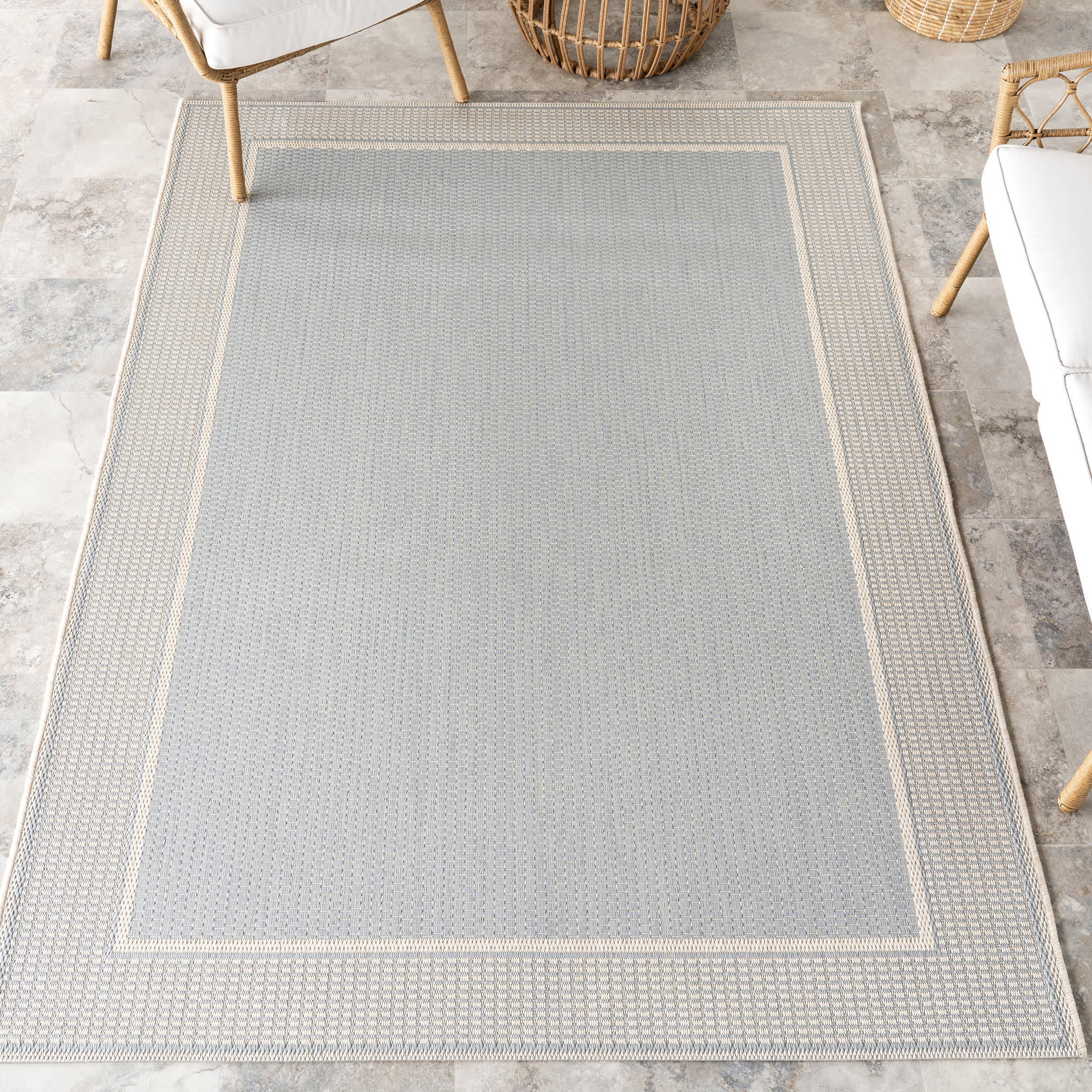 Monochrome Bordered Indoor/Outdoor Rug | Slate Blue - Image 2