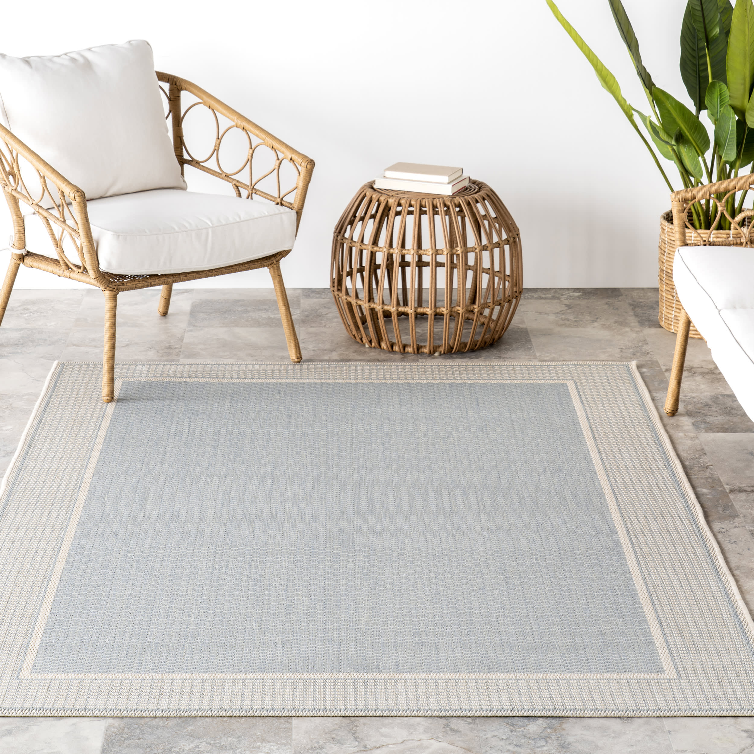 Monochrome Bordered Indoor/Outdoor Rug | Slate Blue - Image 5
