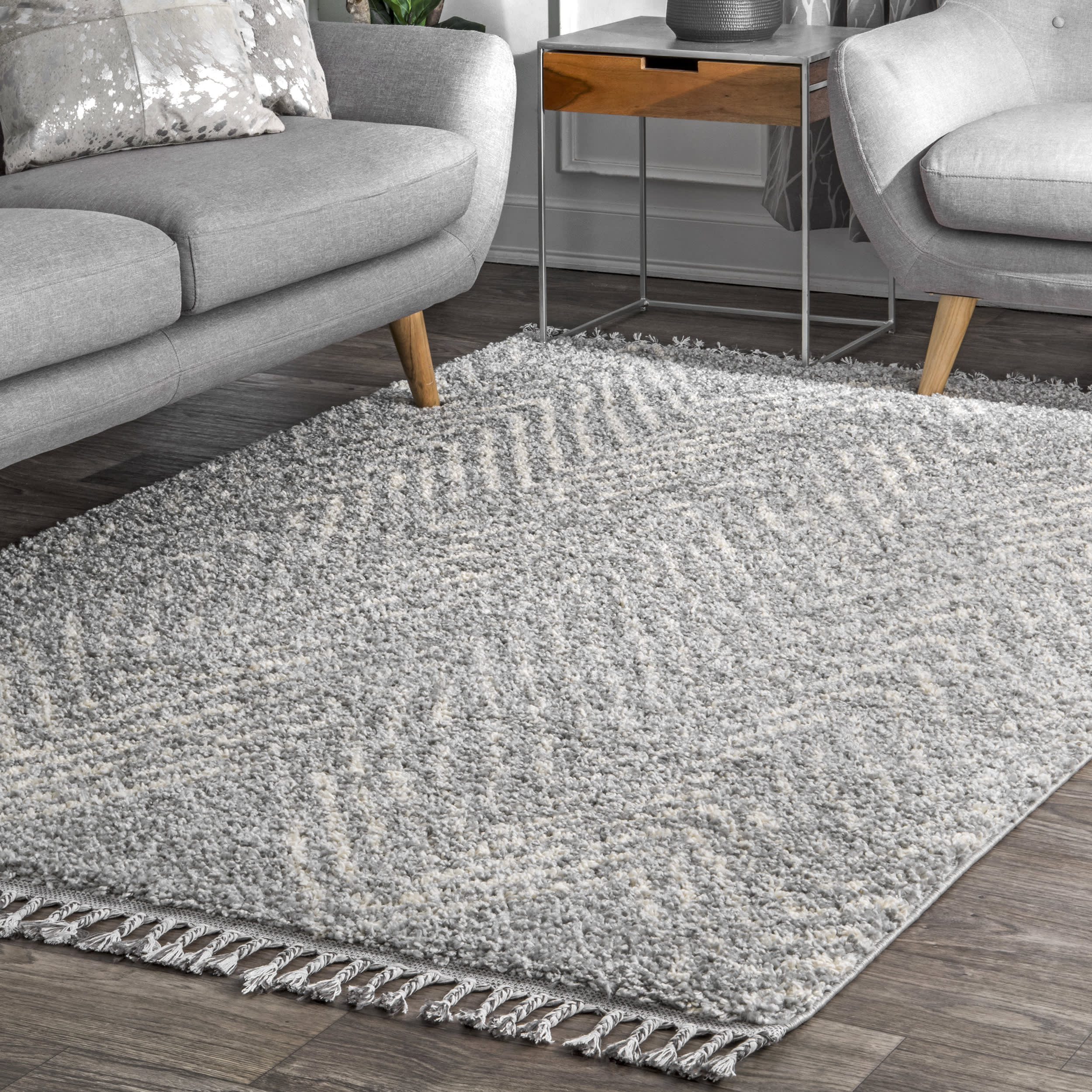 Moroccan Chevron Tassel Rug | Grey - Image 2
