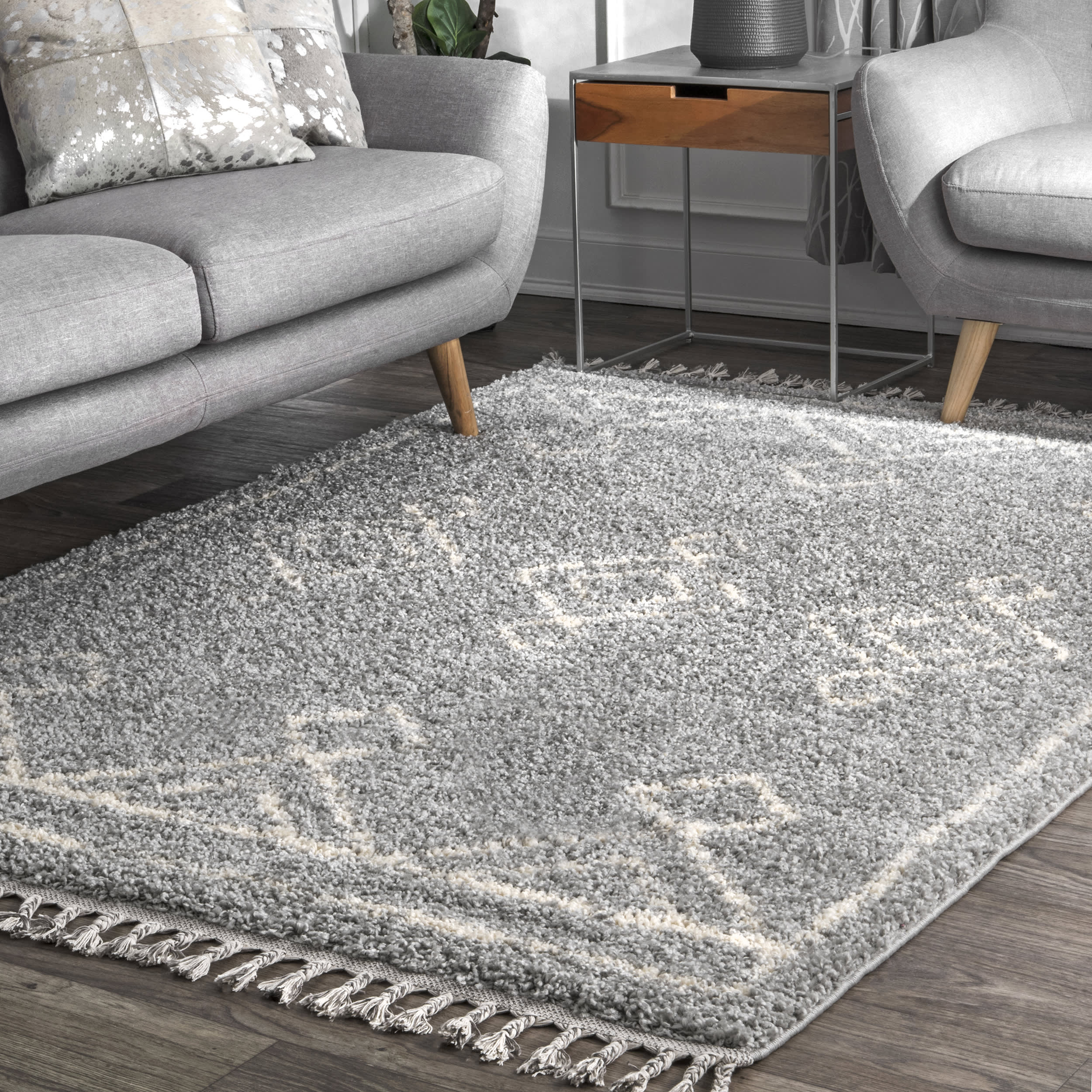 Moroccan Diamond Drop Tassel Rug | Grey - Image 2