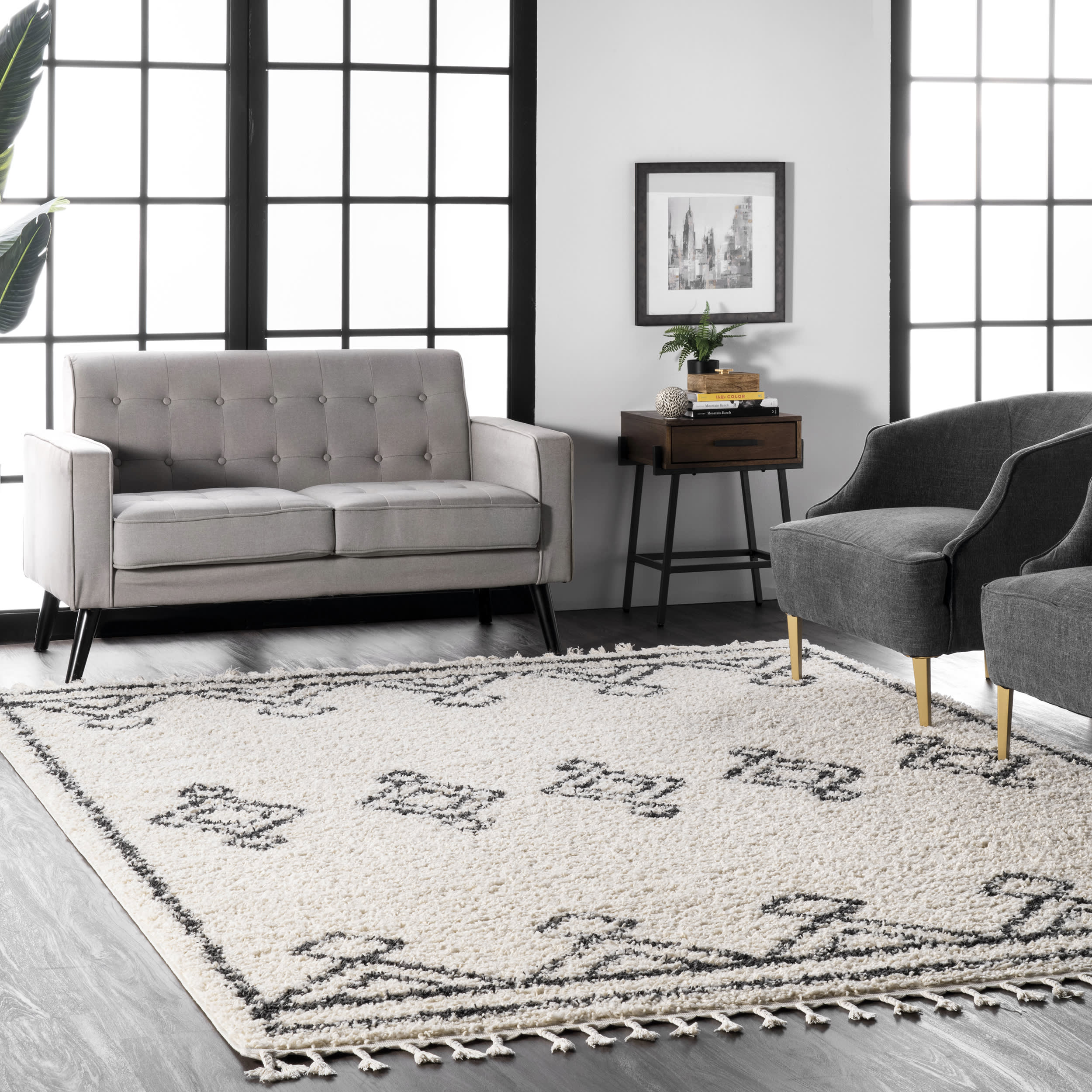 Moroccan Diamond Drop Tassel Rug | Off White - Image 2