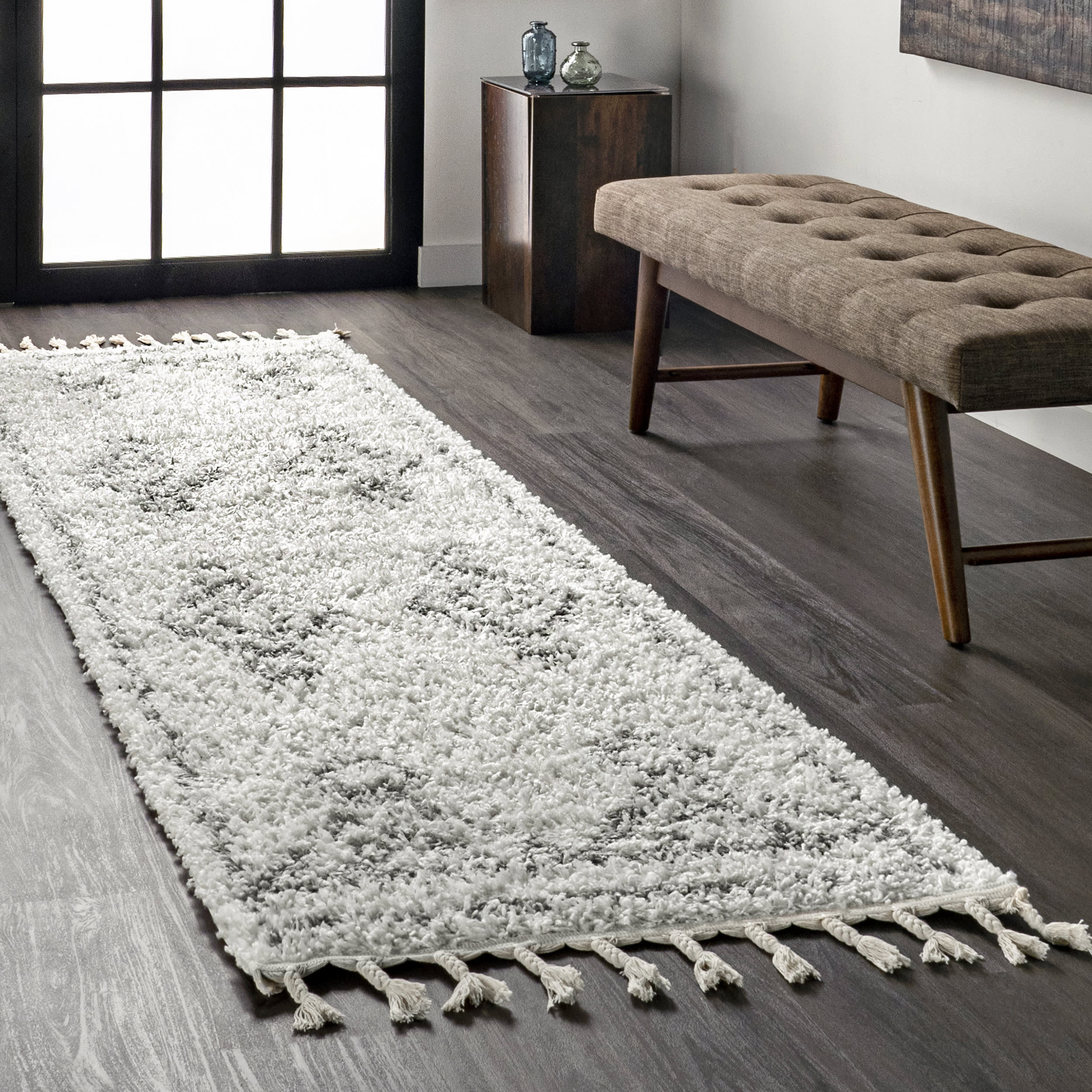 Moroccan Diamond Drop Tassel Rug | White - Image 2