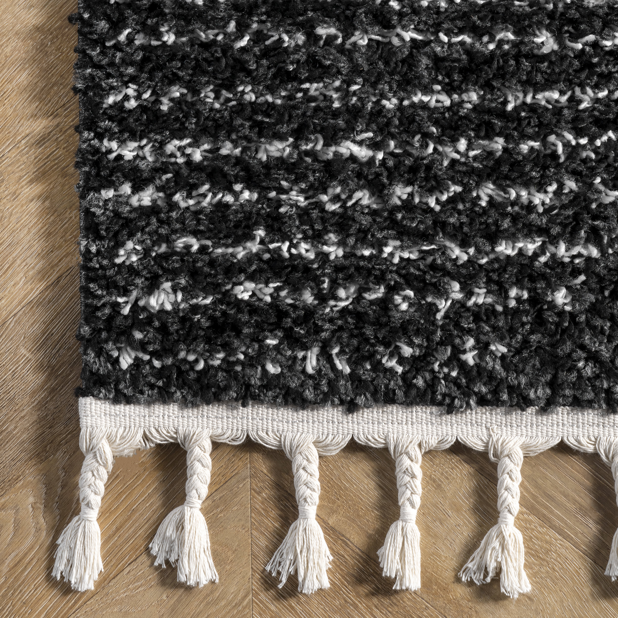 Moroccan Diamond Pinstripes Tassel Rug | Black - Image 3