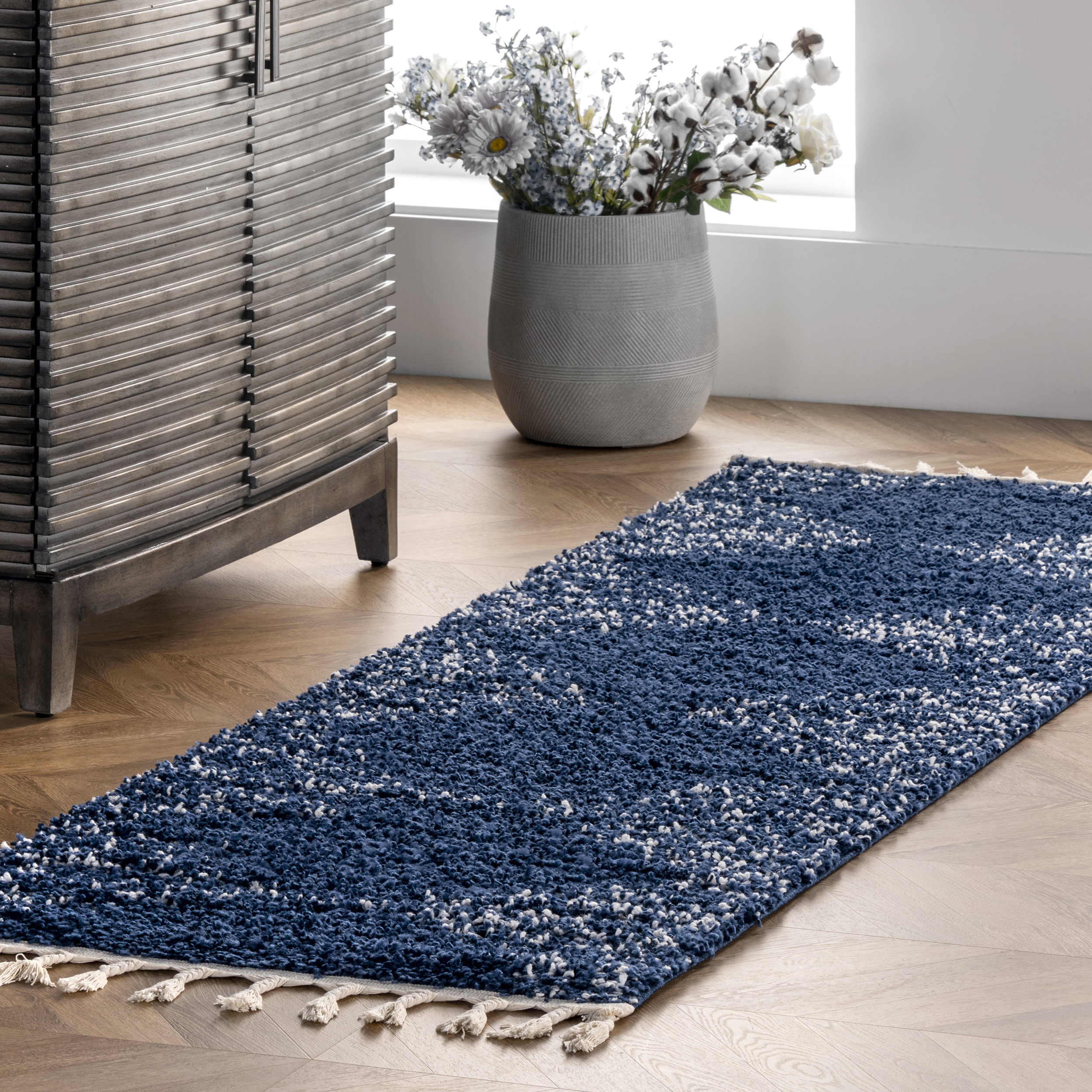 Moroccan Diamond Pinstripes Tassel Rug | Blue - Image 2