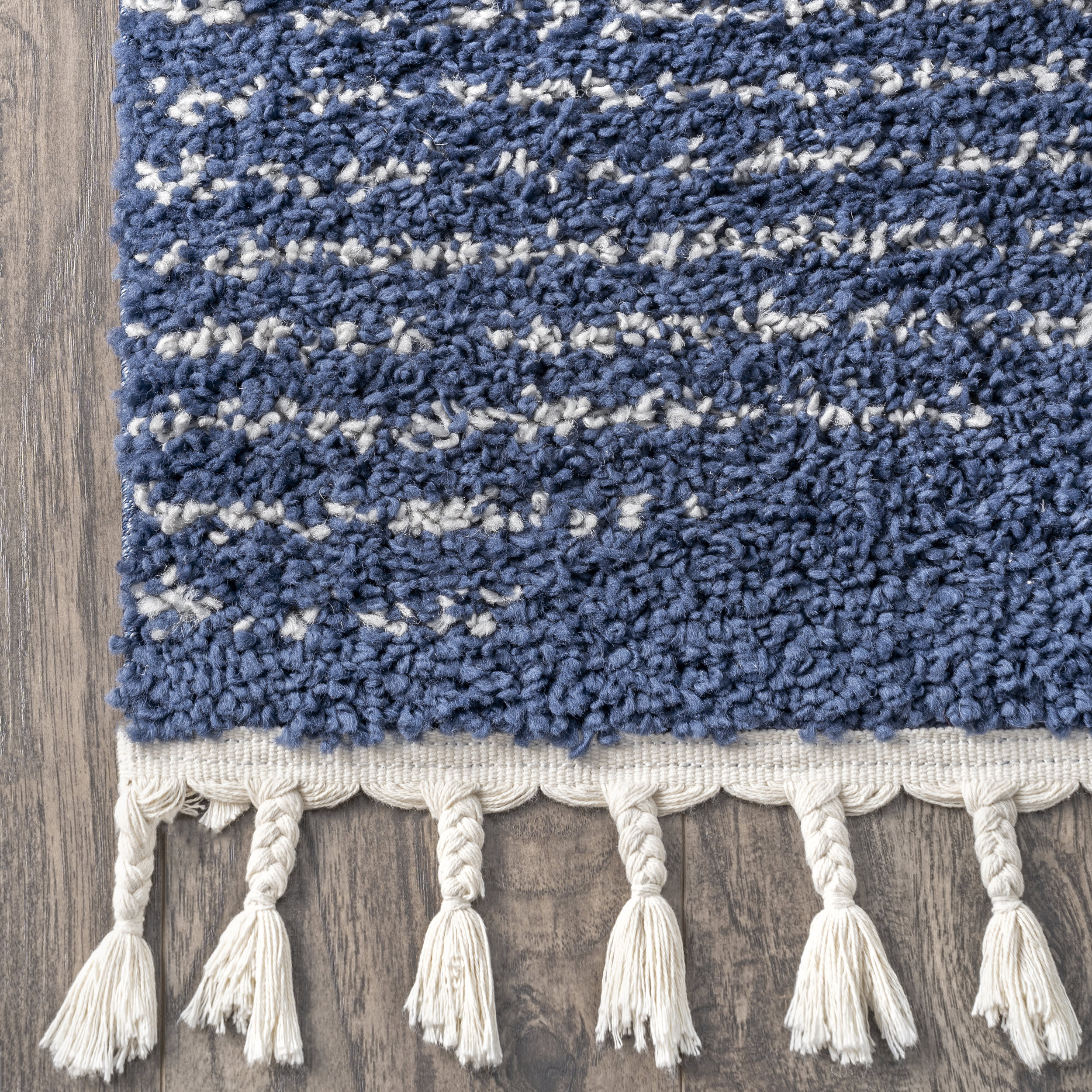 Moroccan Diamond Pinstripes Tassel Rug | Blue - Image 3