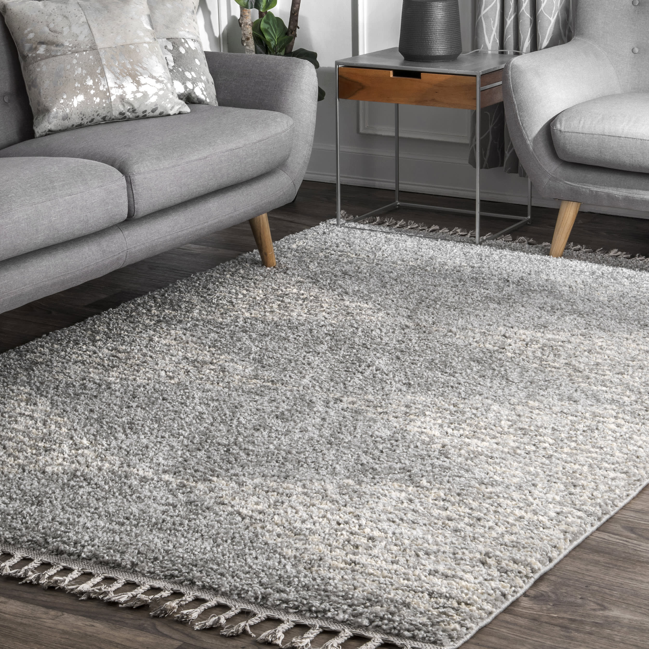 Moroccan Diamond Pinstripes Tassel Rug | Grey - Image 2