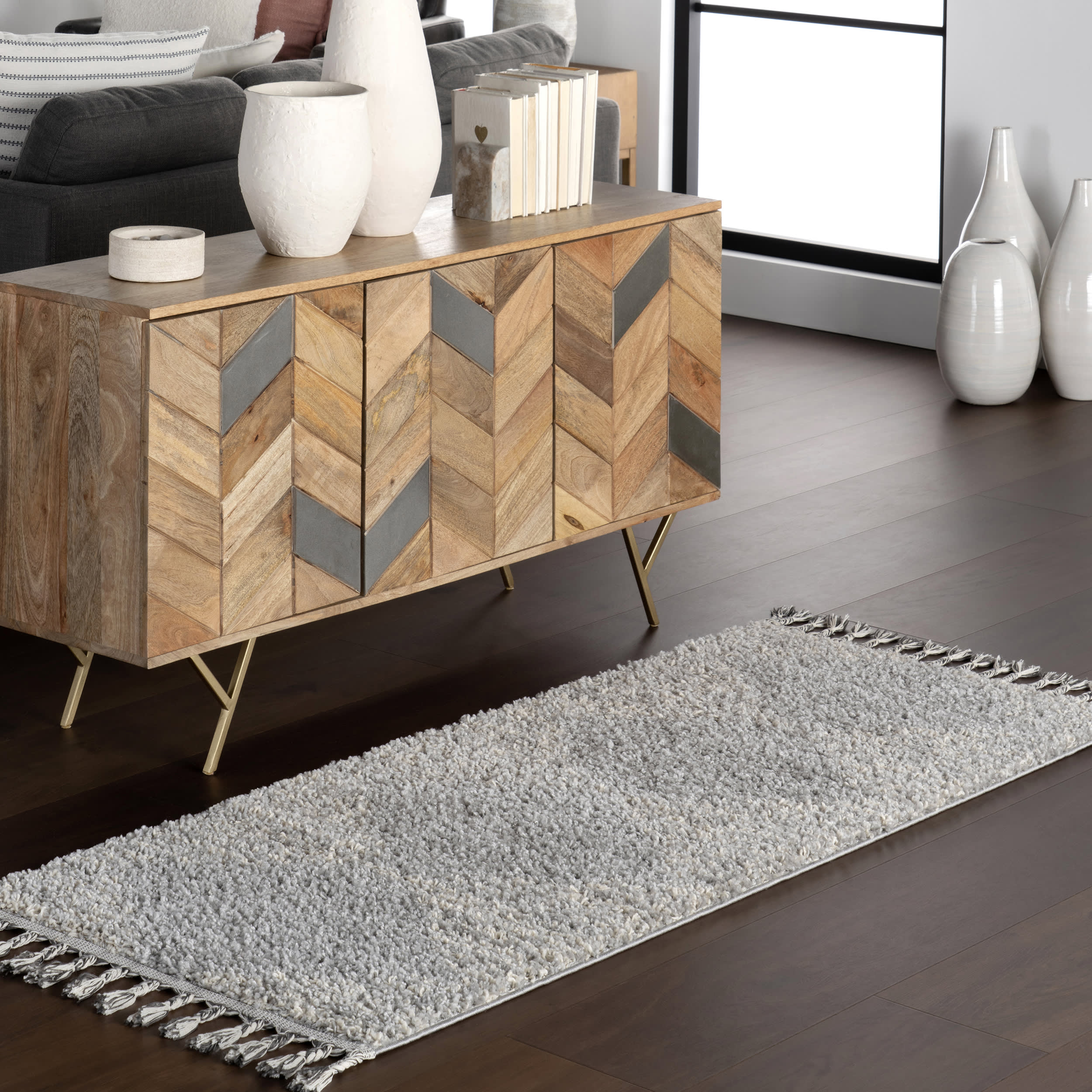 Moroccan Diamond Pinstripes Tassel Rug | Grey - Image 2