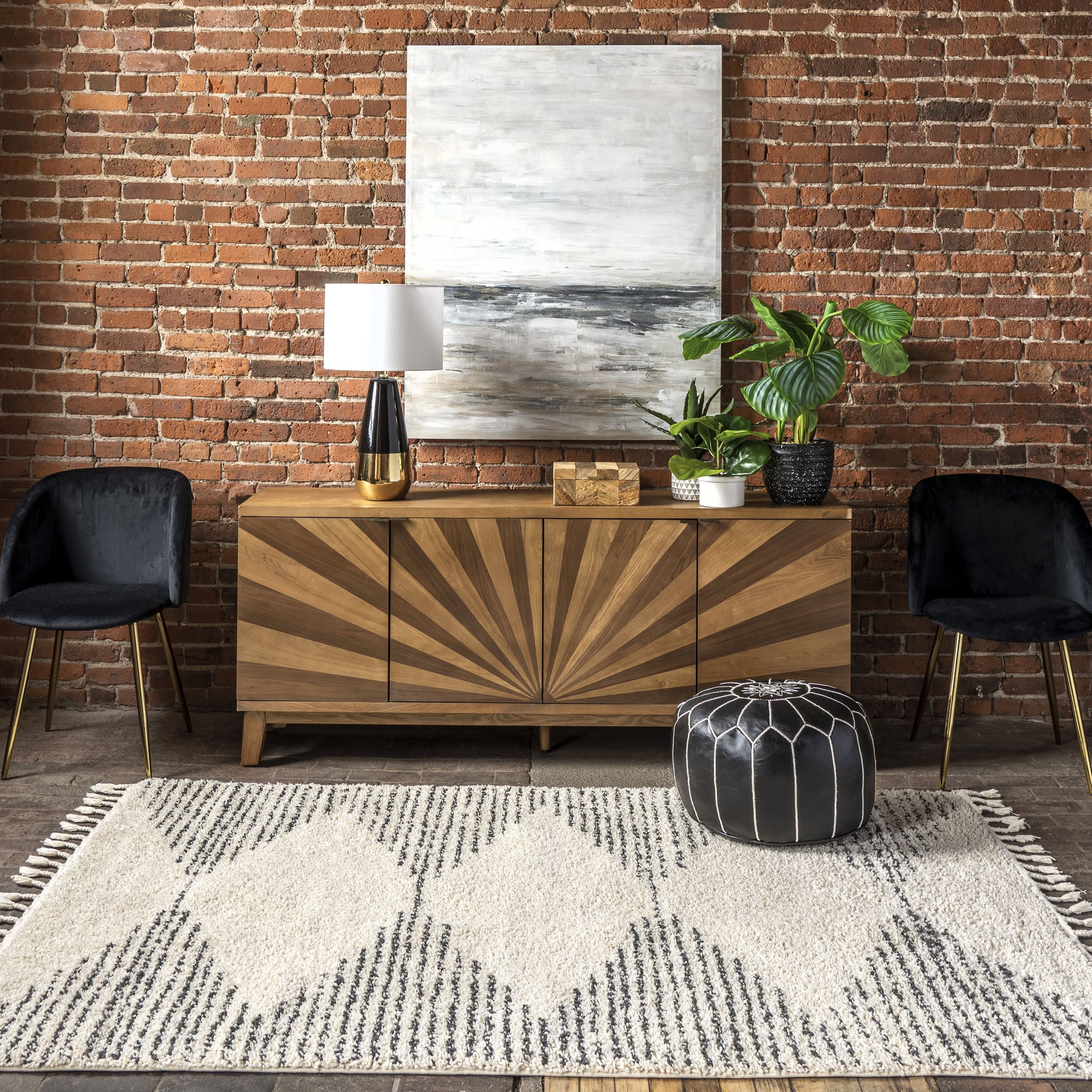 Moroccan Diamond Pinstripes Tassel Rug | Off White - Image 7