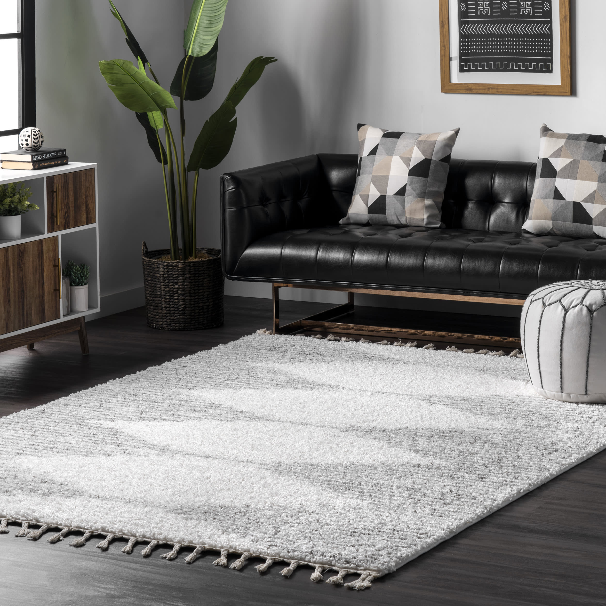 Moroccan Diamond Pinstripes Tassel Rug | White - Image 2