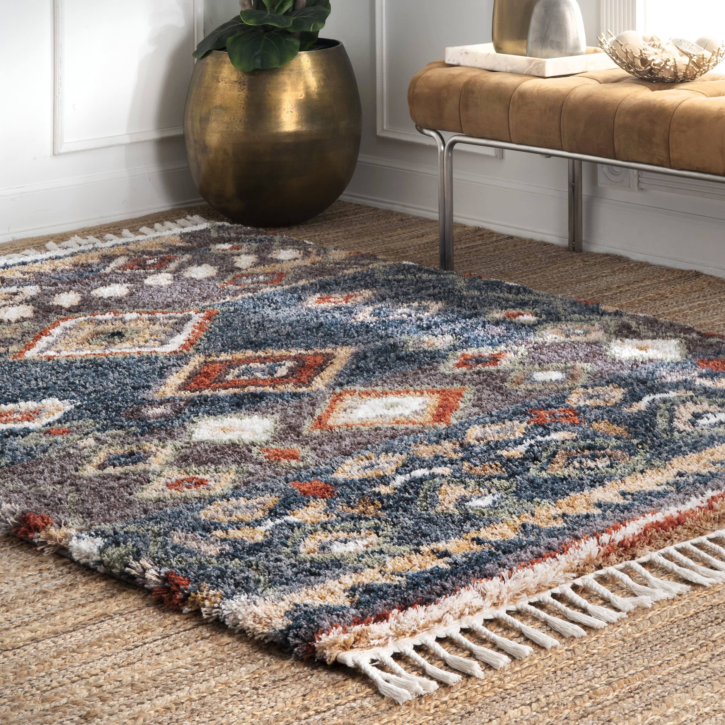 Moroccan Diamond Shag With Tassels Rug | Blue - Image 2