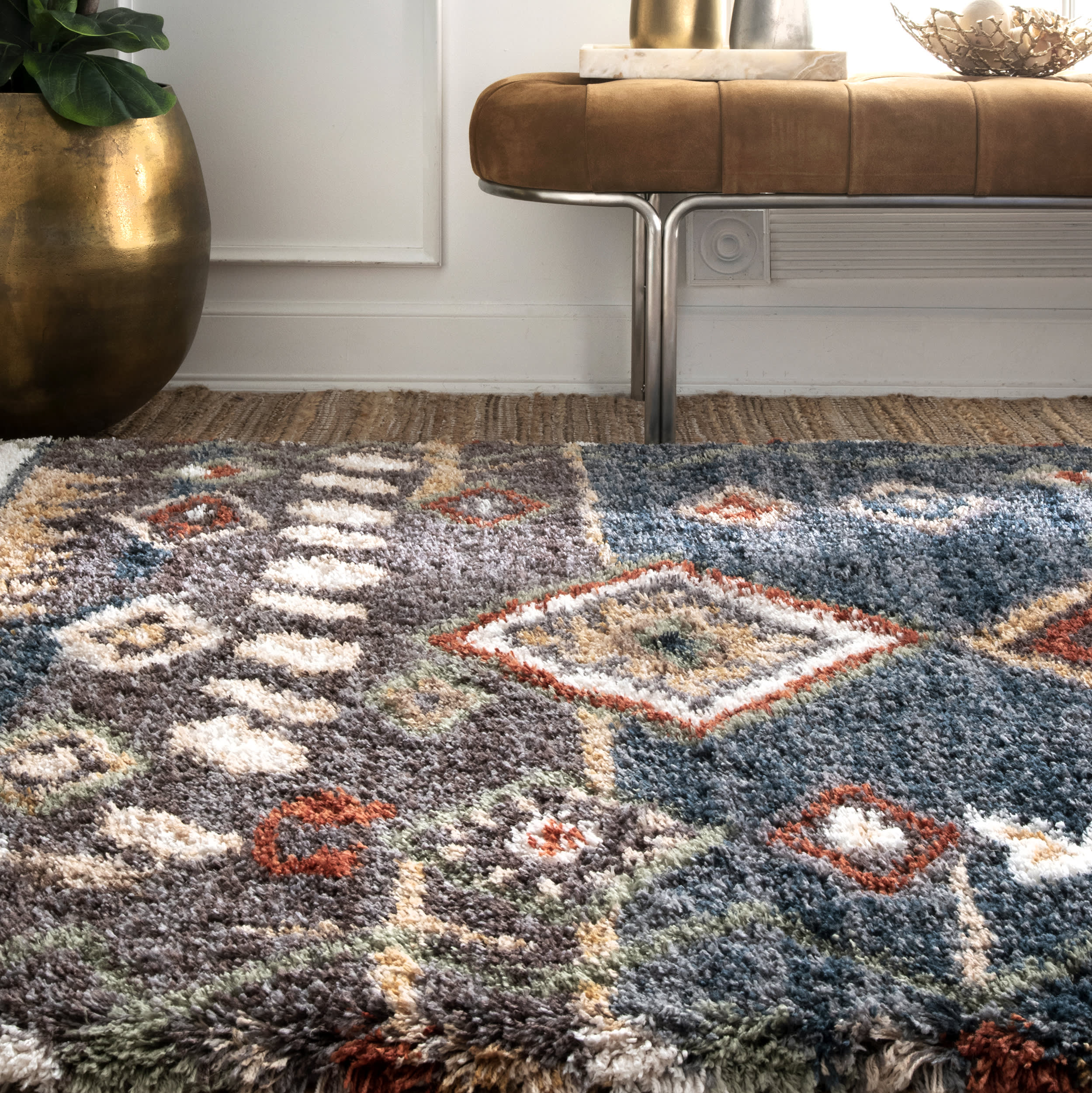 Moroccan Diamond Shag With Tassels Rug | Blue - Image 4