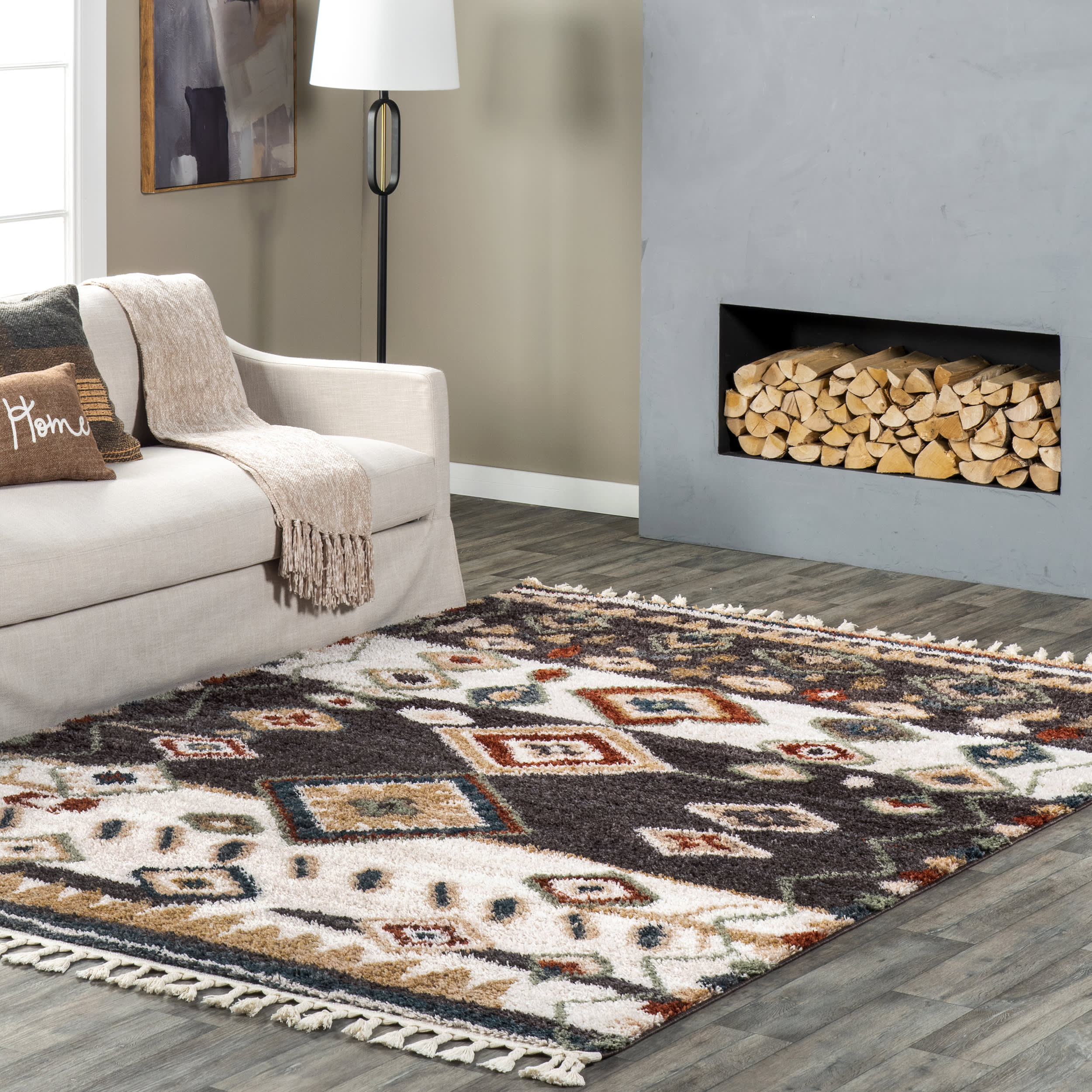 Moroccan Diamond Shag With Tassels Rug | Grey - Image 2