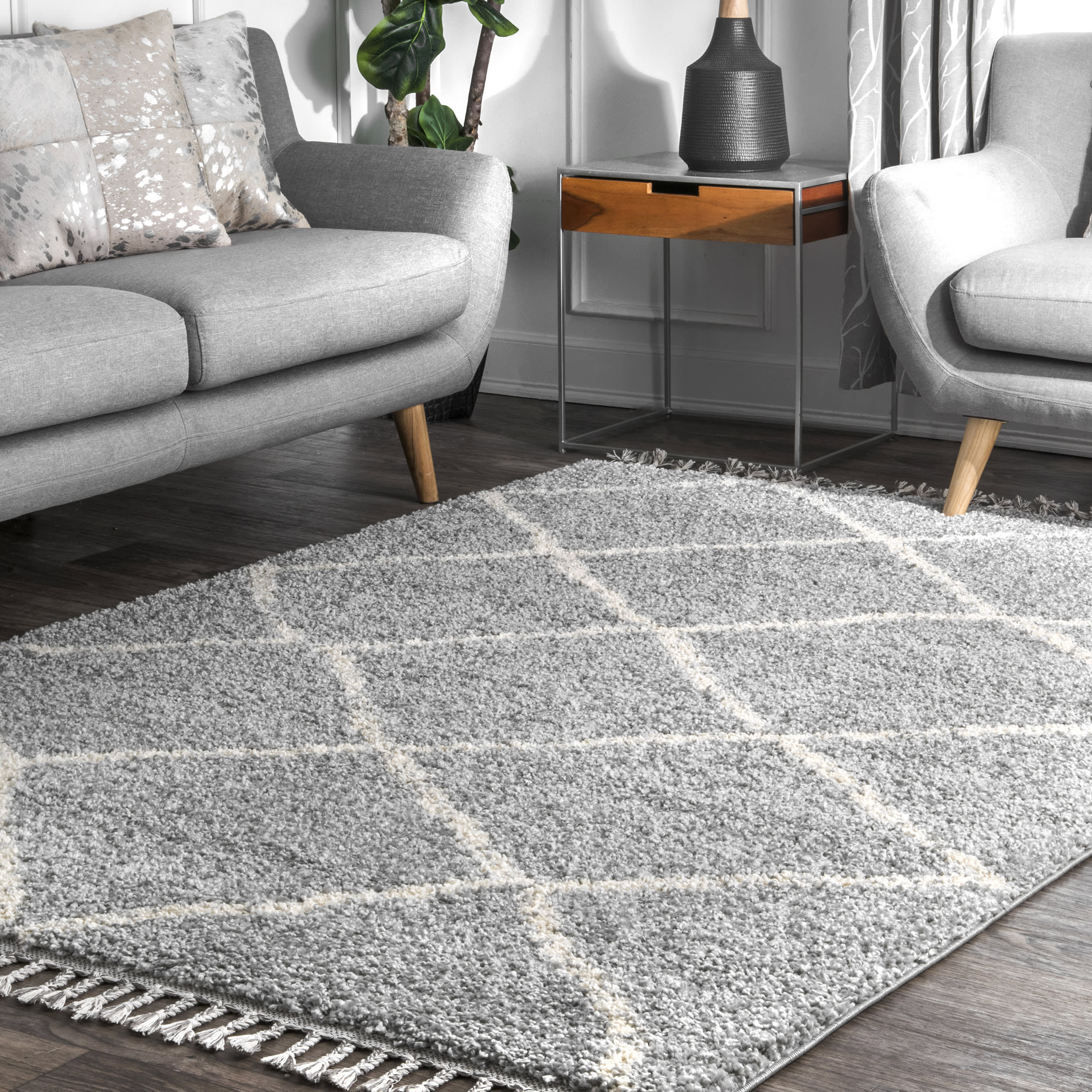 Jessie Moroccan Lattice Tassel Area Rug | Grey - Image 2