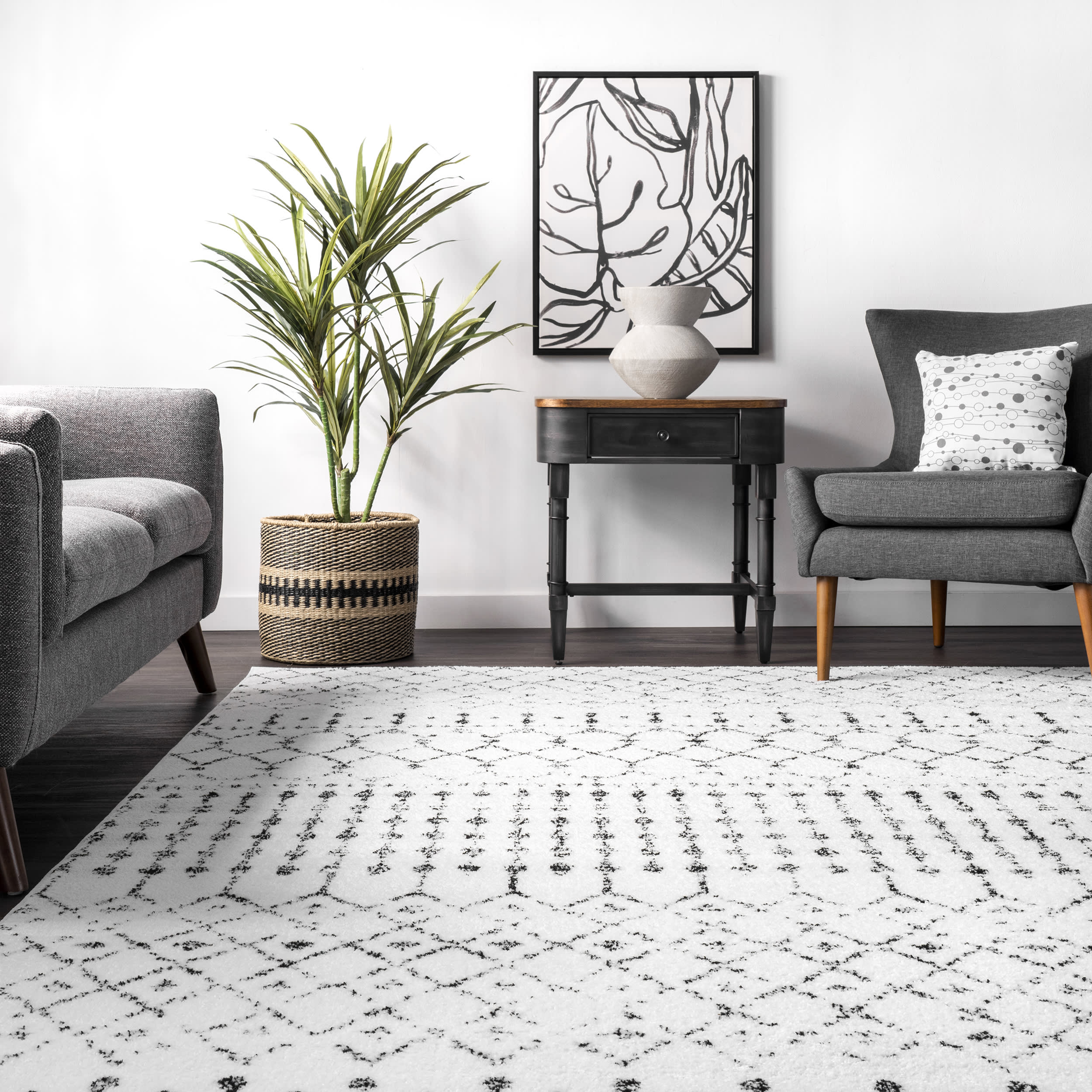 Moroccan Trellis Rug | White and Black - Image 4