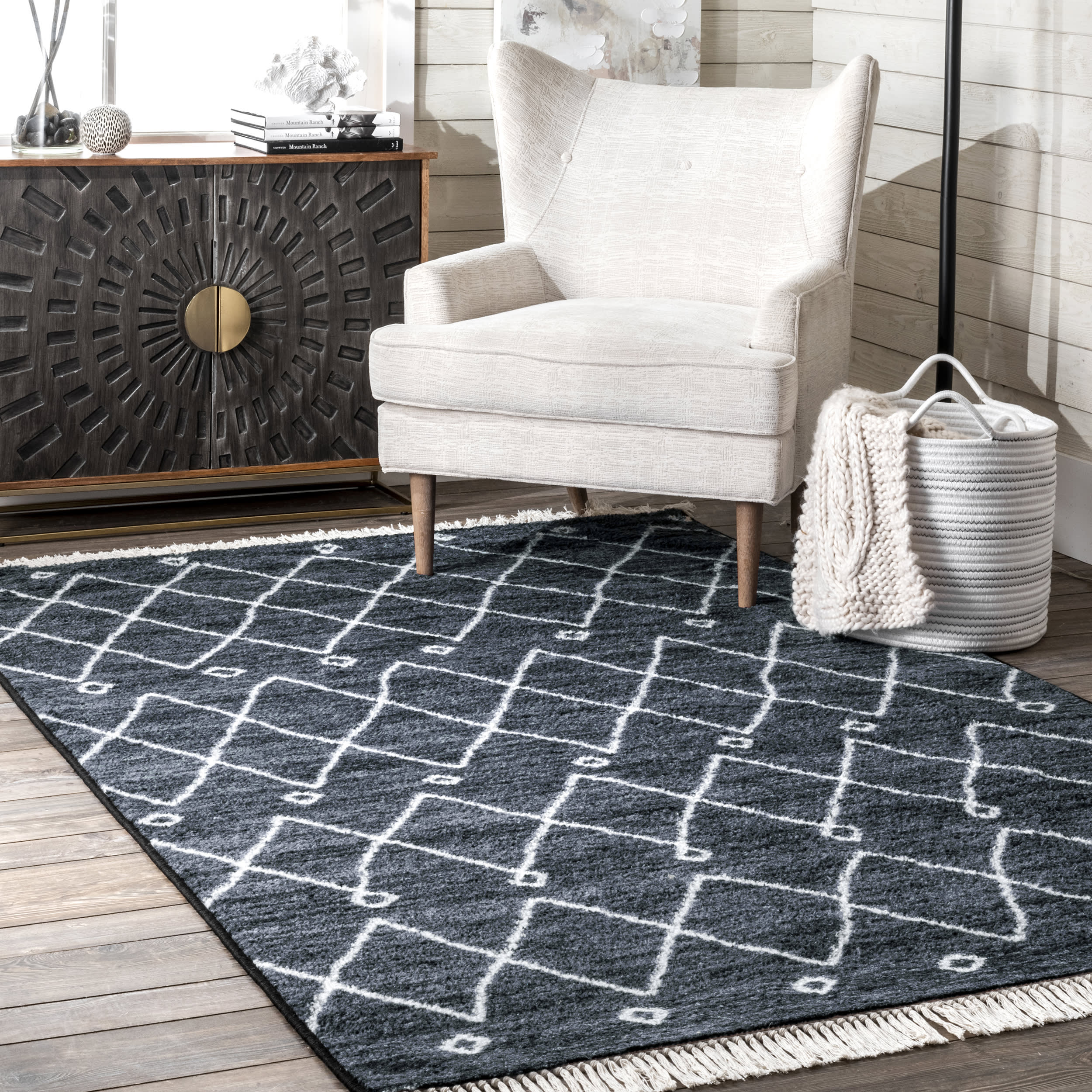 Moroccan Trellis Tassel Non-Slip Backing Rug | Navy - Image 2