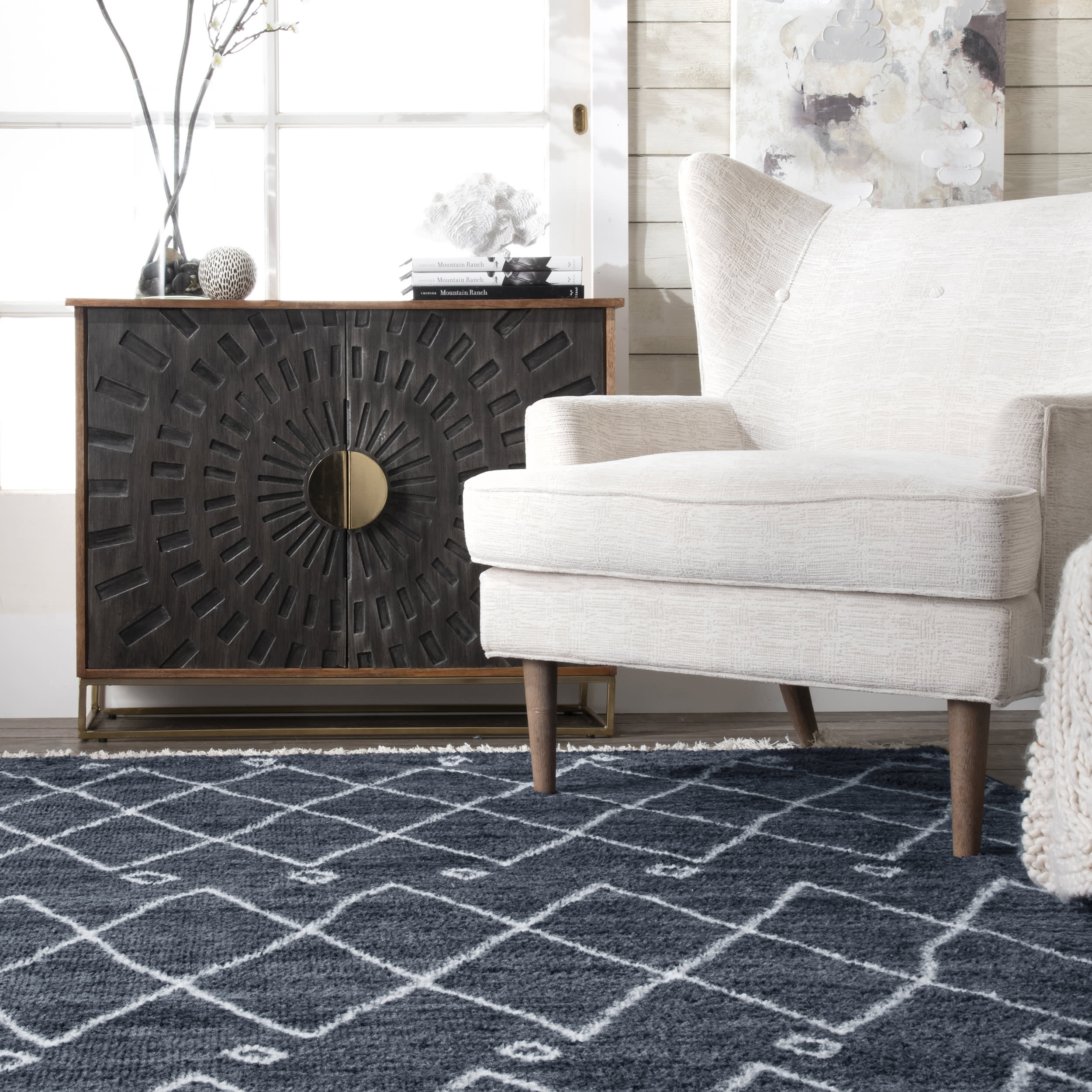 Moroccan Trellis Tassel Non-Slip Backing Rug | Navy - Image 4