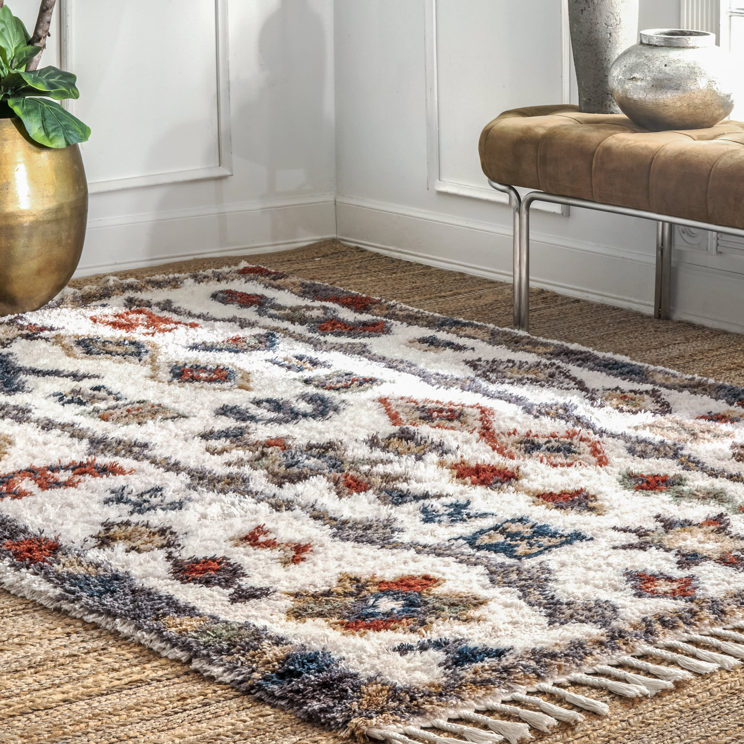 Moroccan Tribal Shag With Tassels Rug | Multicolor - Image 2