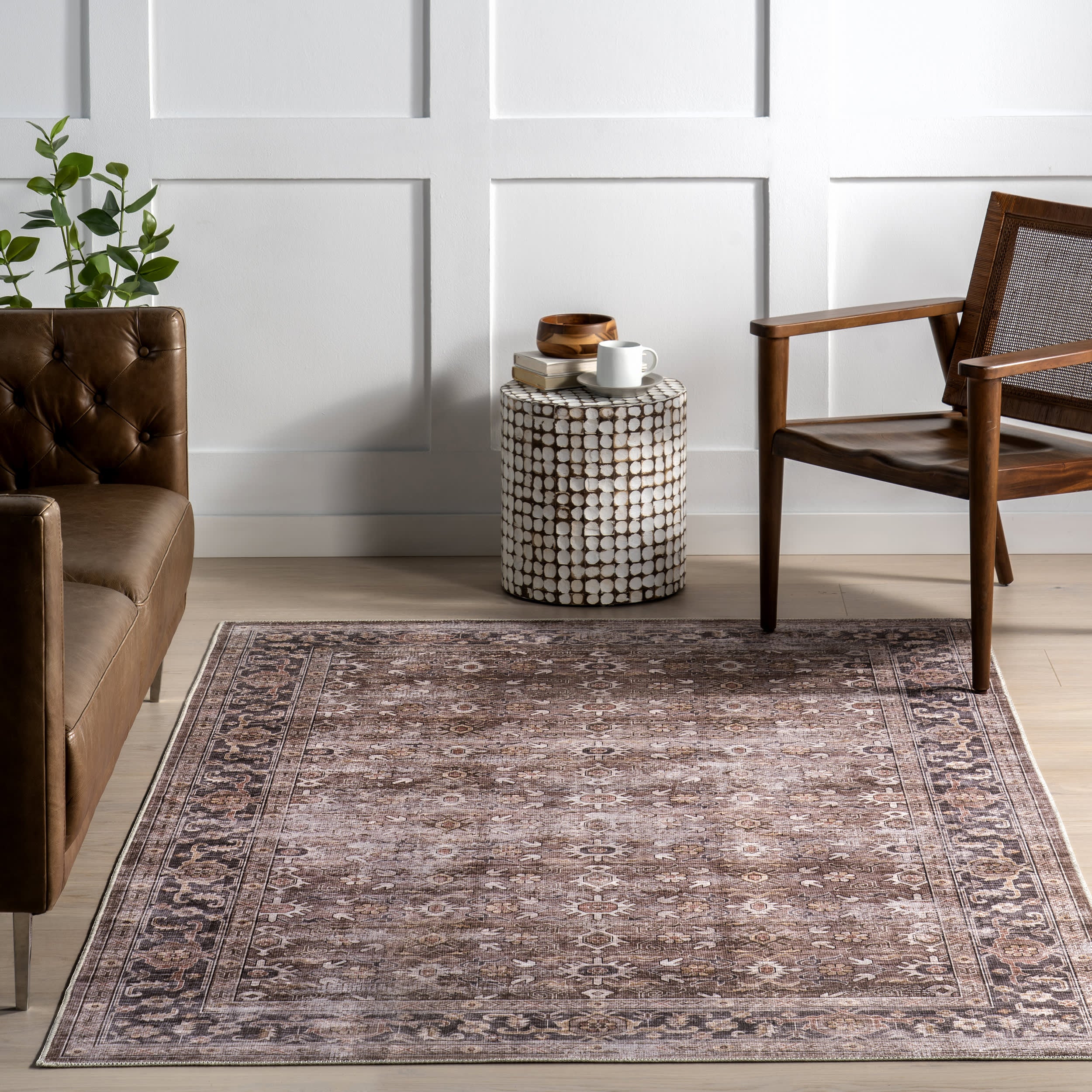Myrtle Spill Proof Washable Vintage Rug | Brown - Image 5