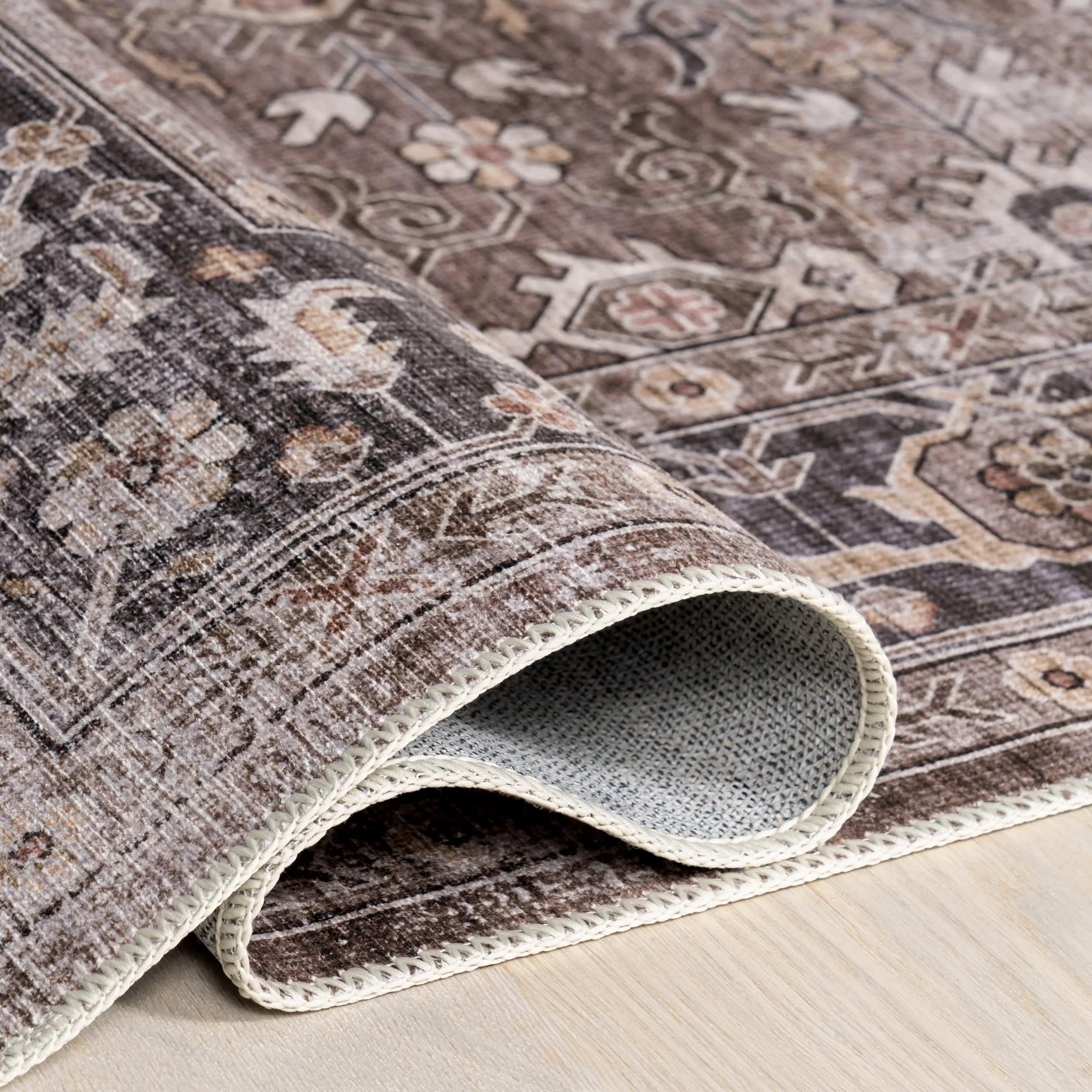 Myrtle Spill Proof Washable Vintage Rug | Brown - Image 9
