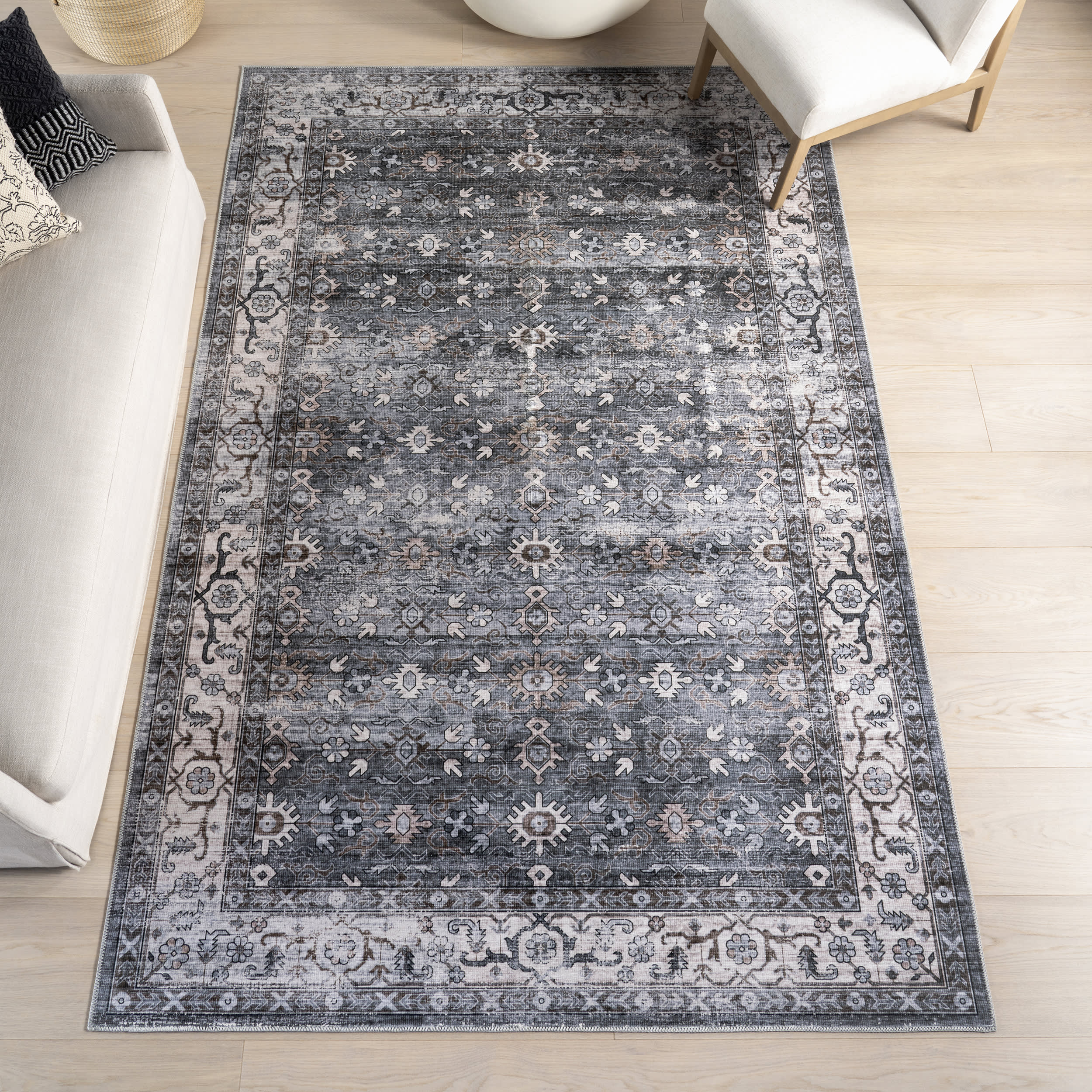 Myrtle Spill Proof Washable Vintage Rug | Grey - Image 2