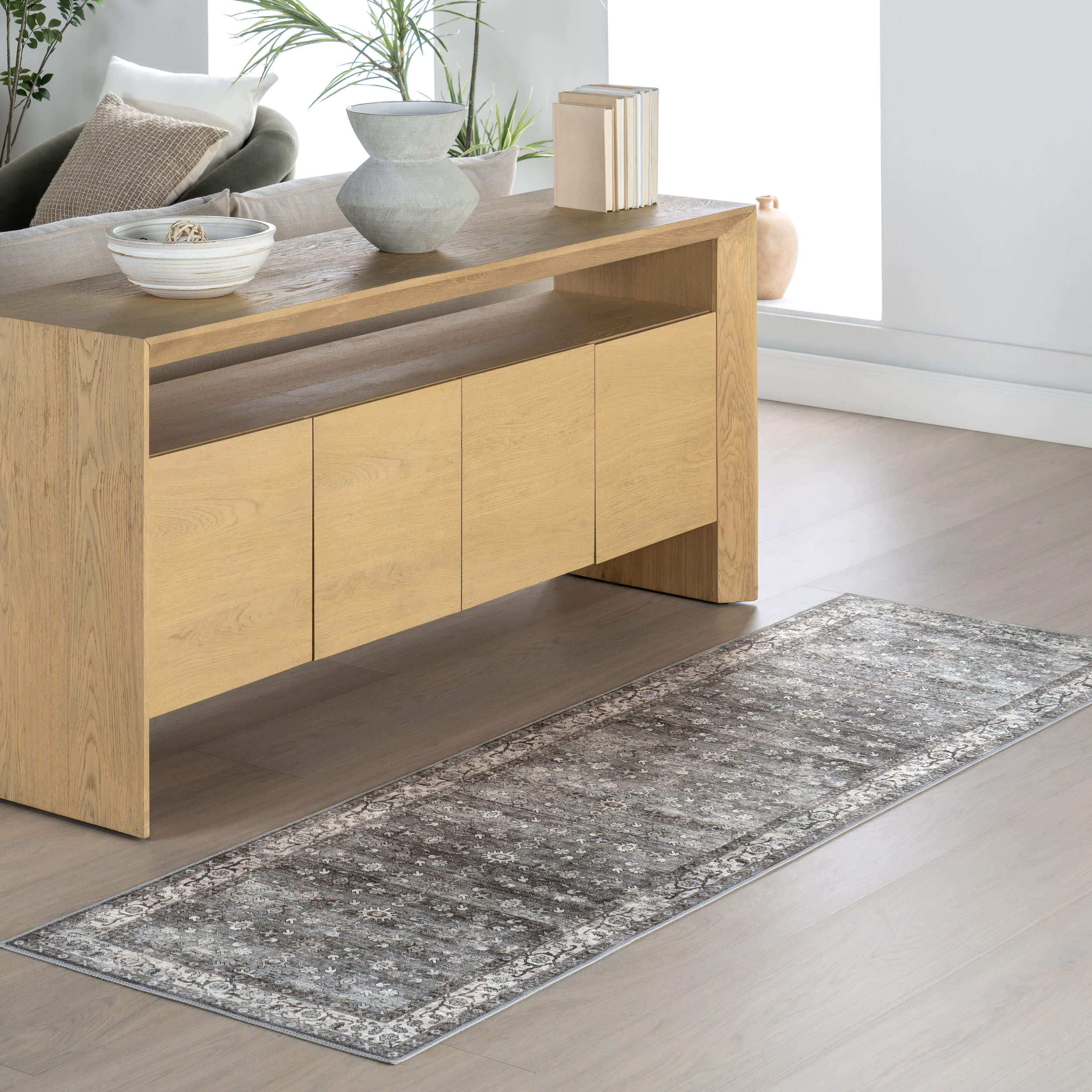 Myrtle Spill Proof Washable Vintage Rug | Grey - Image 2