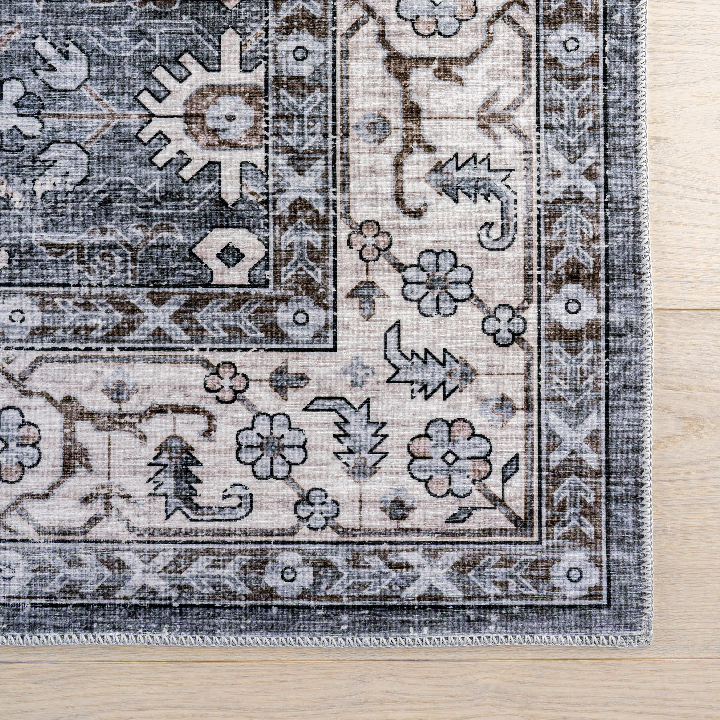 Myrtle Spill Proof Washable Vintage Rug | Grey - Image 4