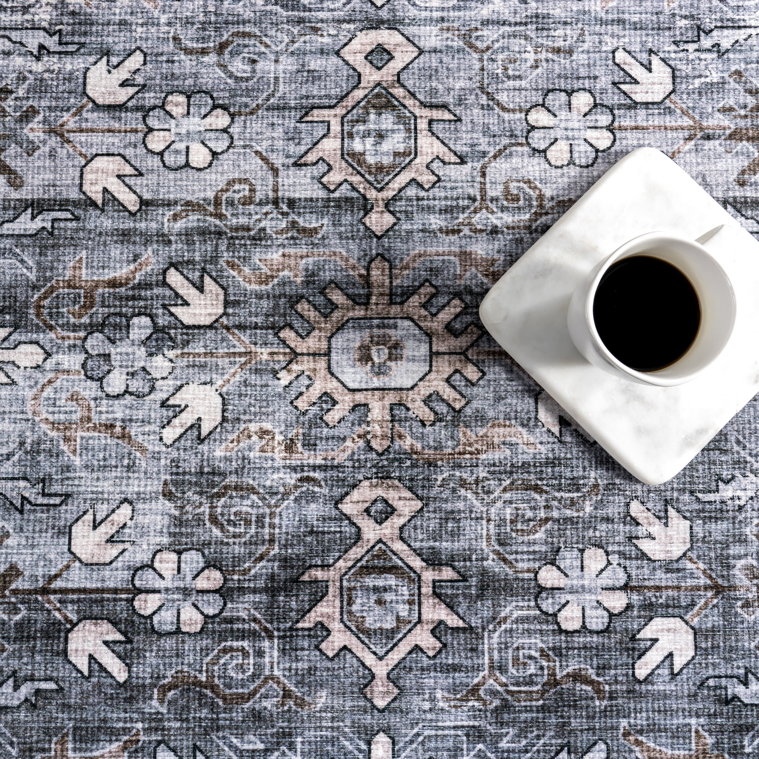 Myrtle Spill Proof Washable Vintage Rug | Grey - Image 8